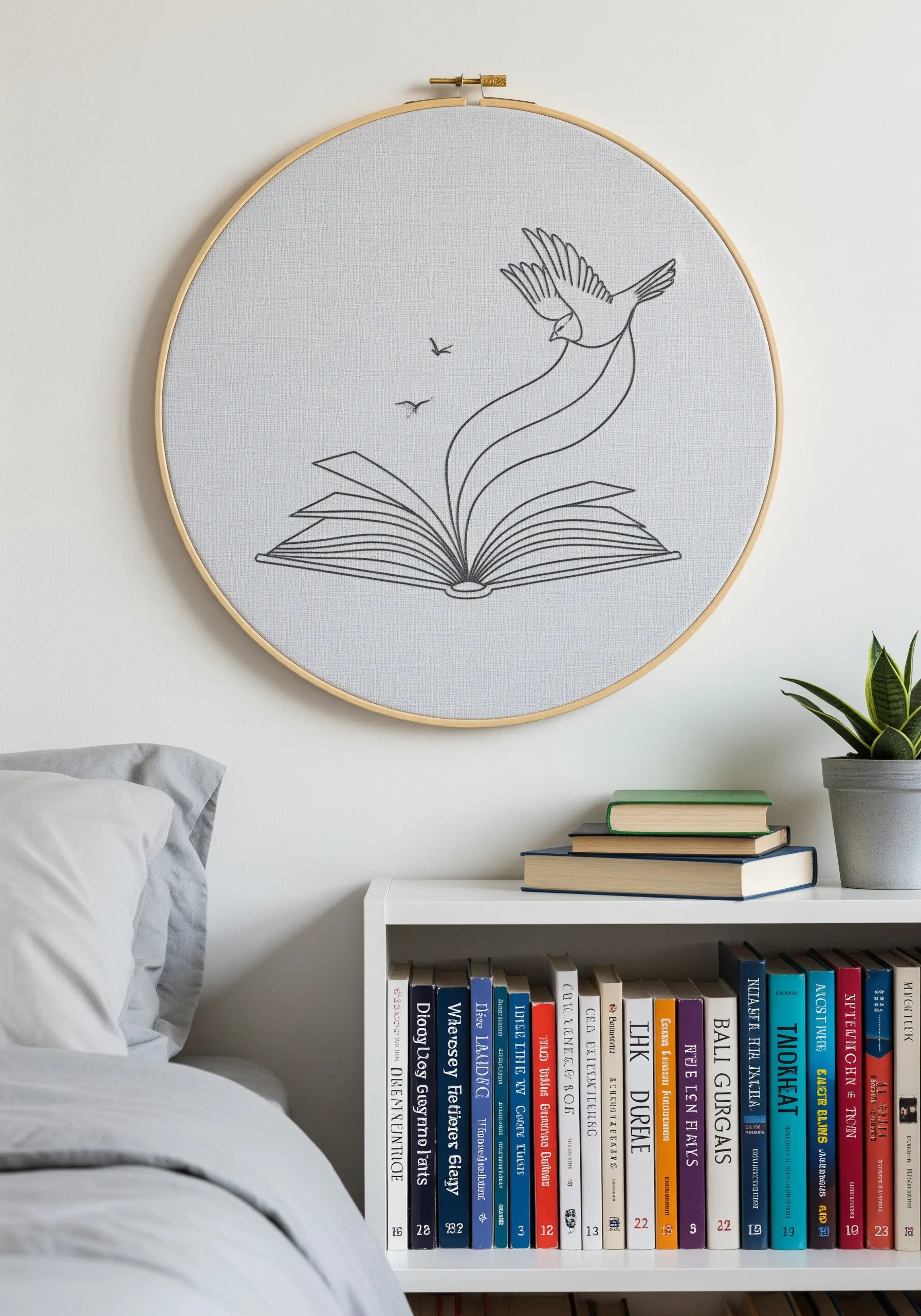 Line art embroidery of birds flying out of an open book, stitched on grey fabric.