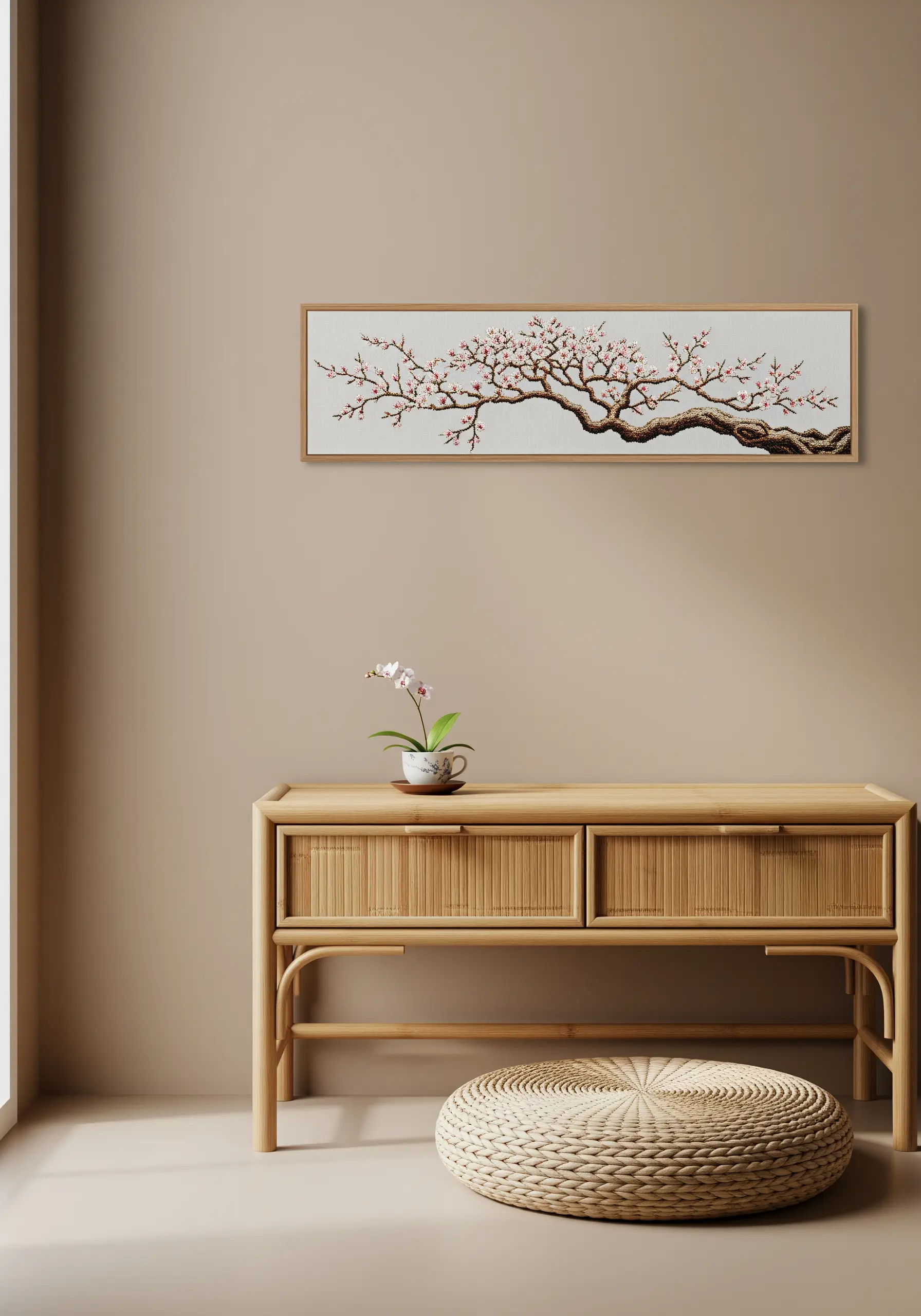 A long, panoramic framed embroidery of a cherry blossom branch on a beige wall.