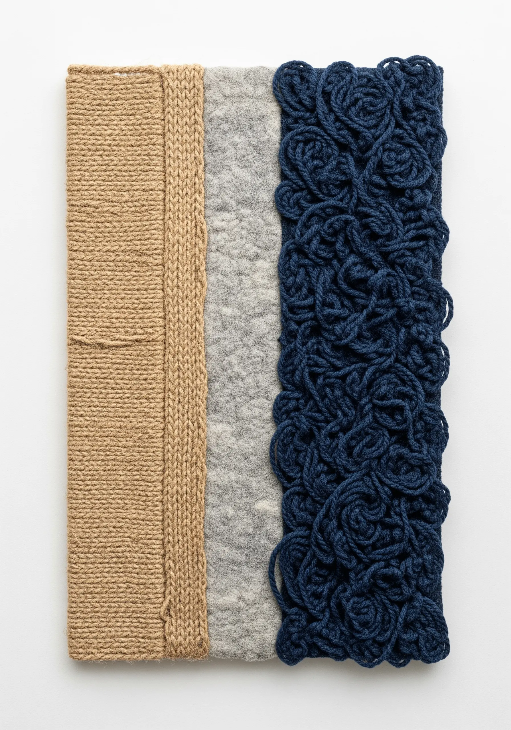 A rectangular wall art piece with three vertical texture panels: beige knit, grey felt, navy loops.