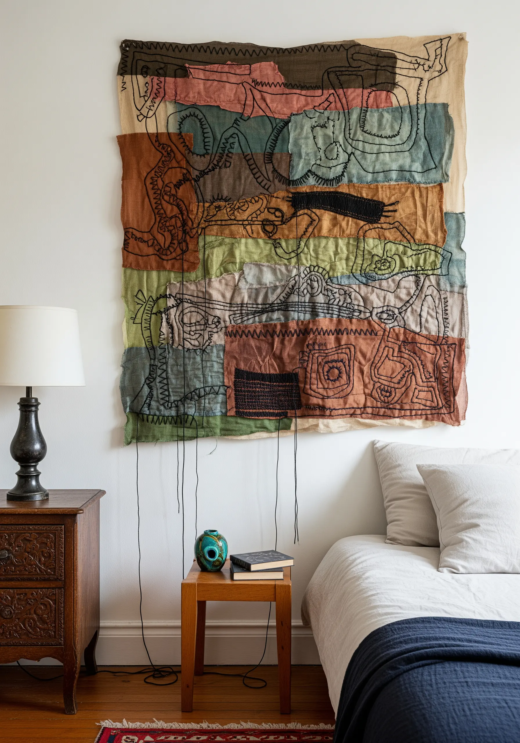 An abstract textile wall hanging made of stitched-together fabric scraps with black line embroidery.