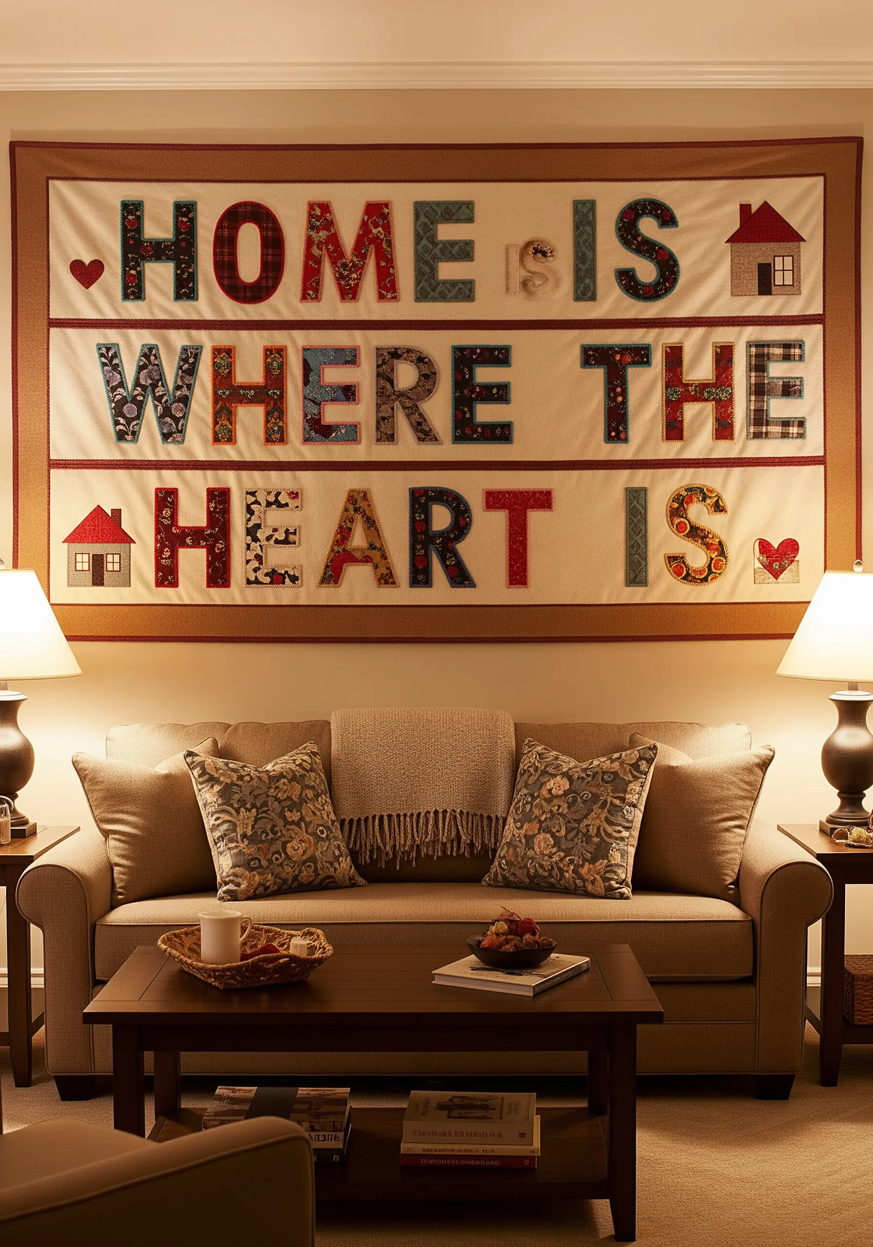 A large wall hanging with a quote where each letter is made from a different patterned fabric.