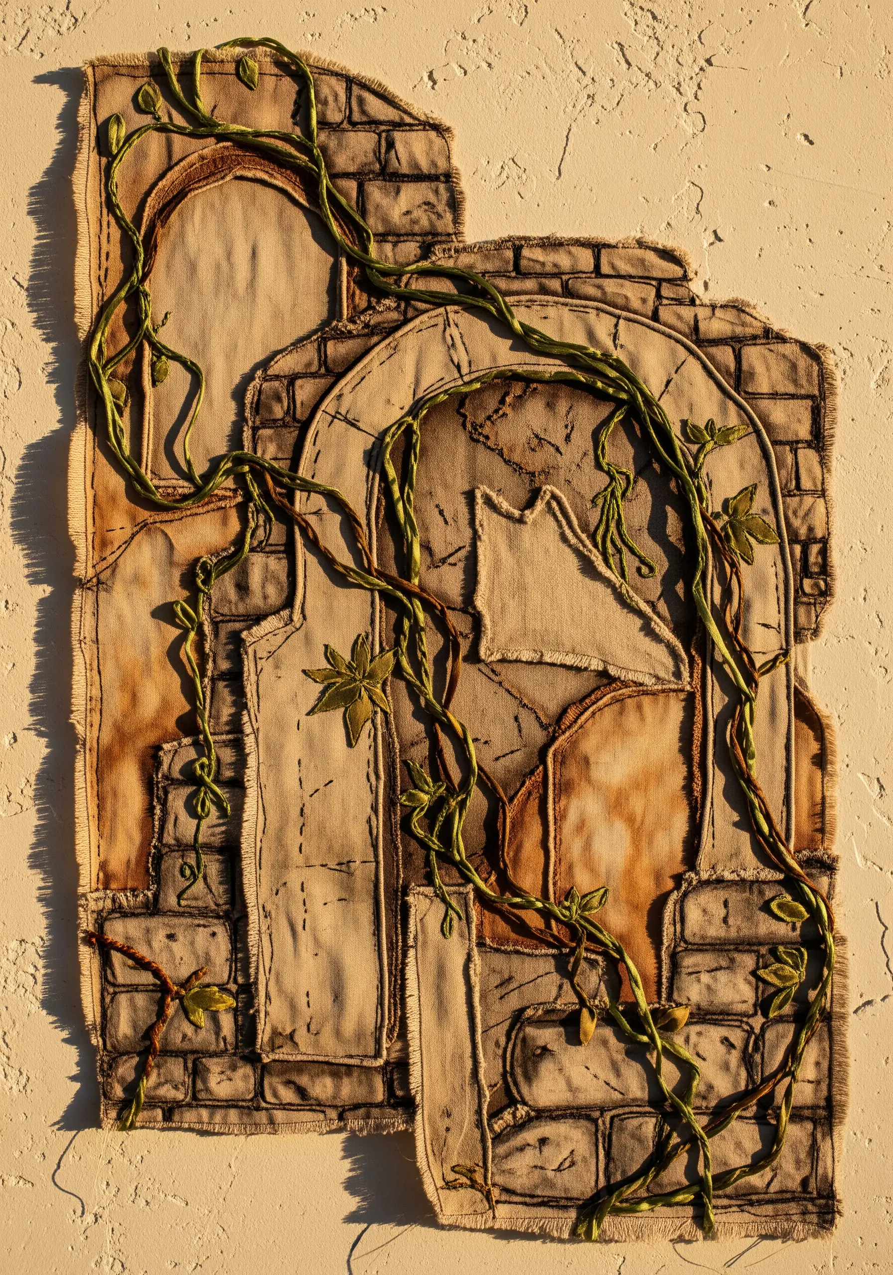 Fabric collage of ancient ruins with distressed, tea-stained fabric and sculptural vines.