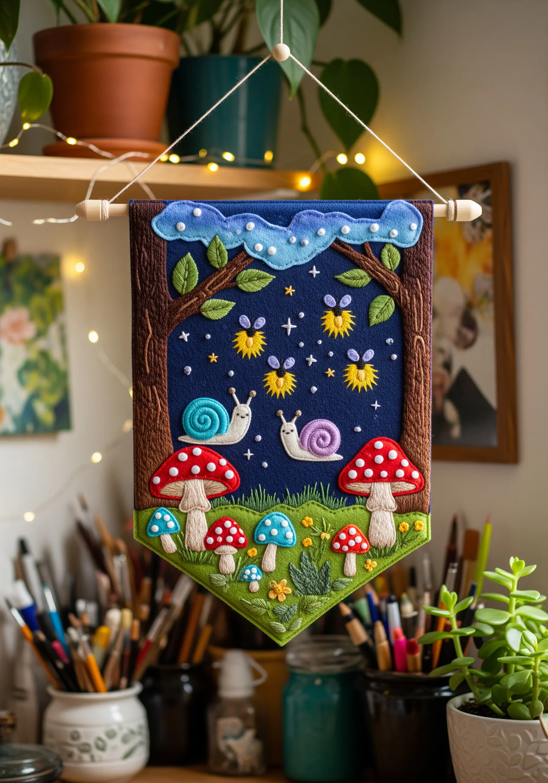 Whimsical felt appliqué and embroidery wall banner with snails and mushrooms.