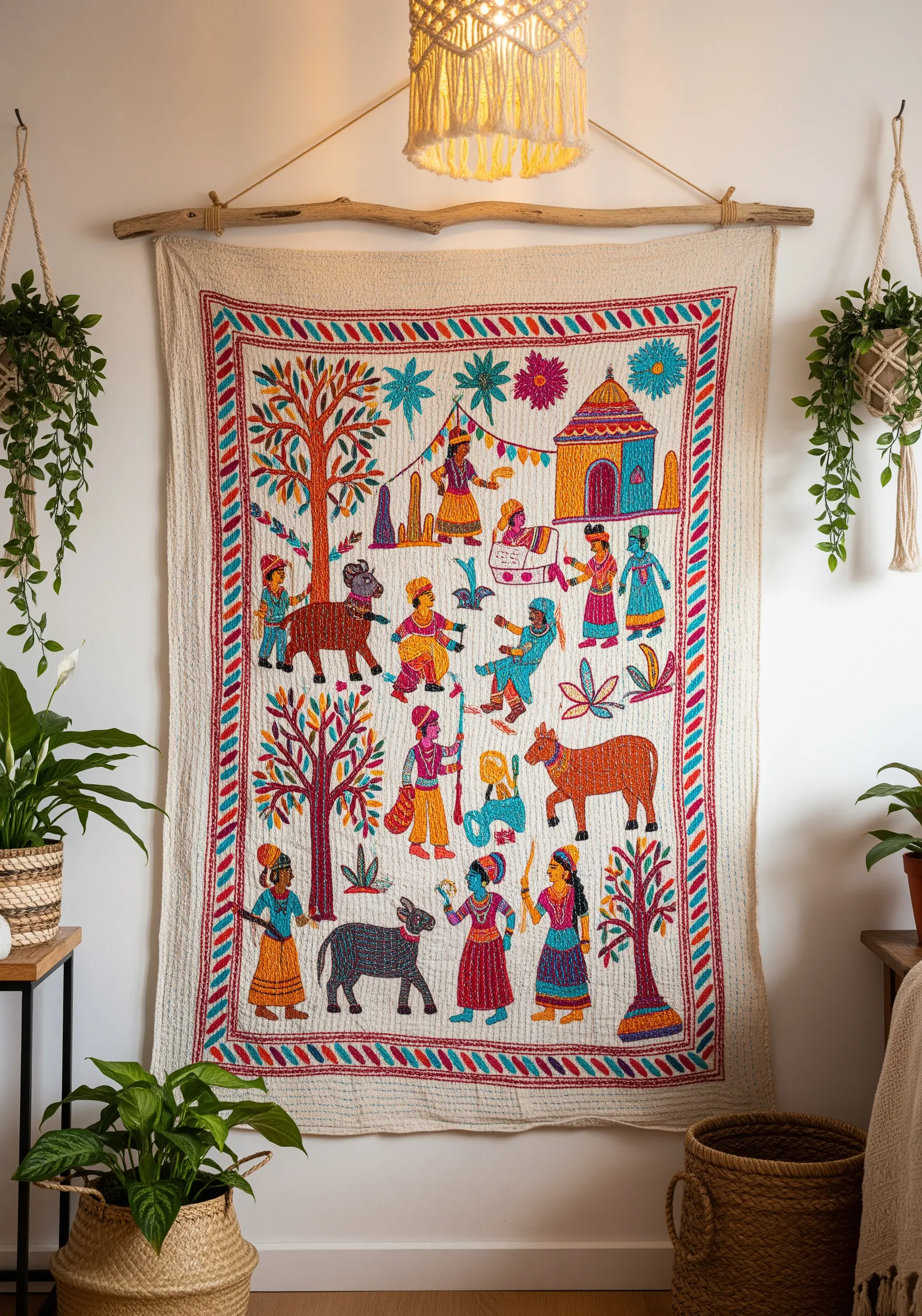 Colorful Indian Kantha embroidery depicting a village scene on off-white fabric.