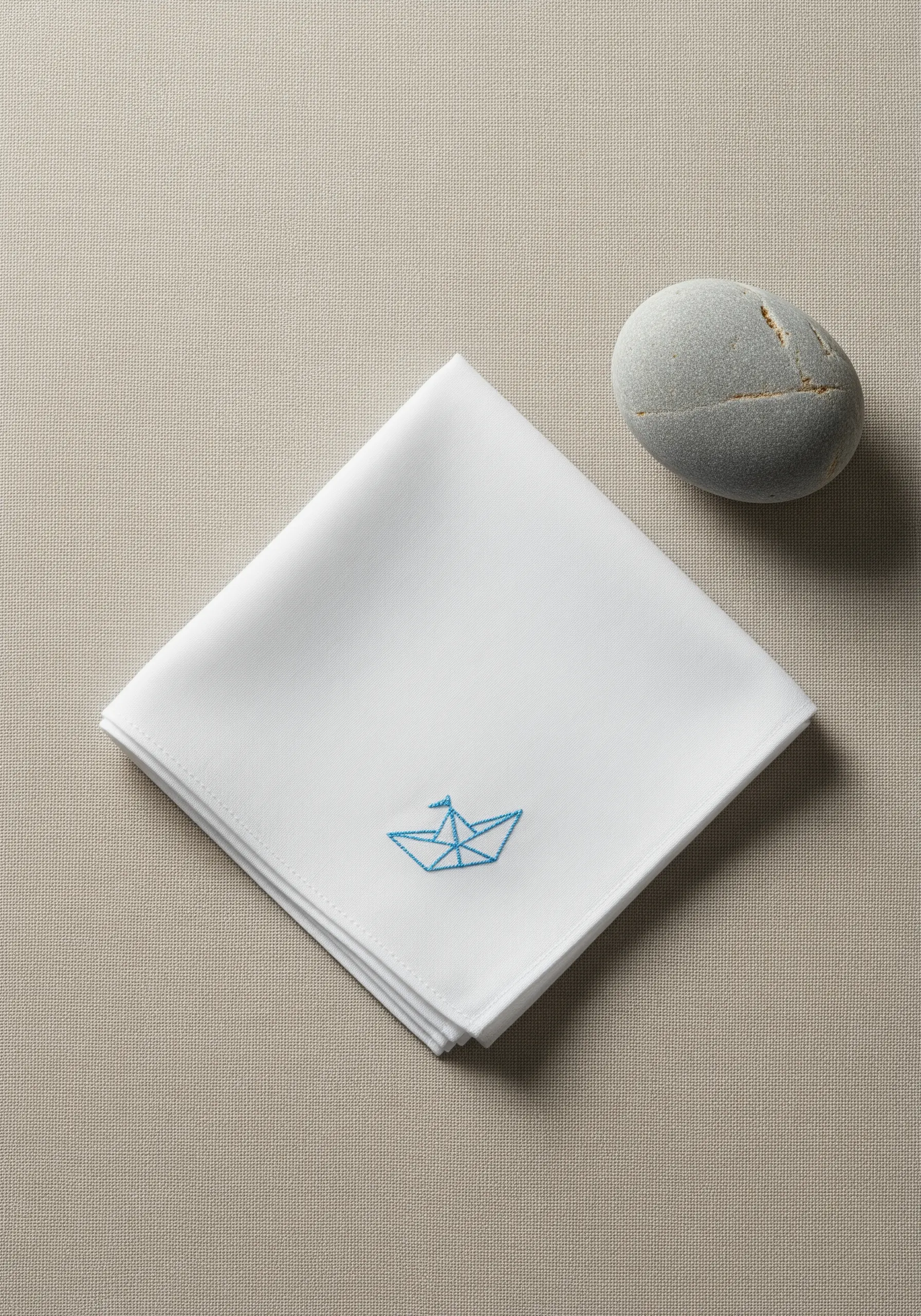 A small, minimalist paper boat icon stitched in blue thread in the corner of a white handkerchief.
