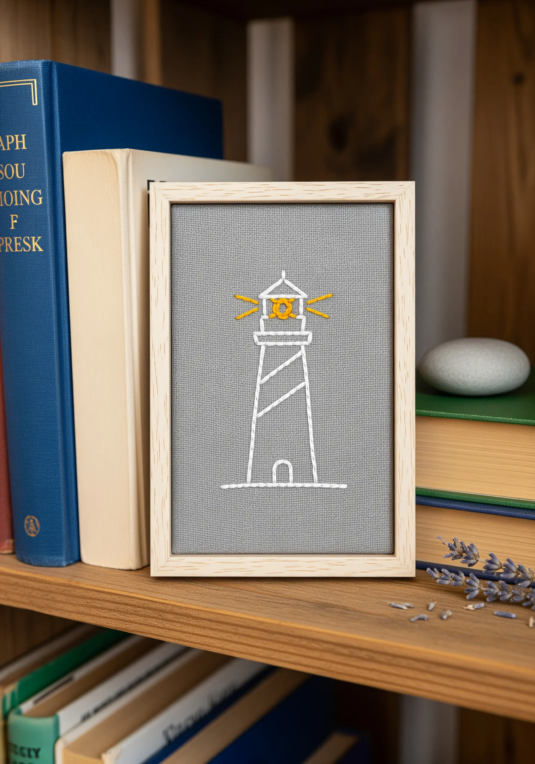 Minimalist line-art lighthouse embroidered in white with a yellow light on gray fabric.