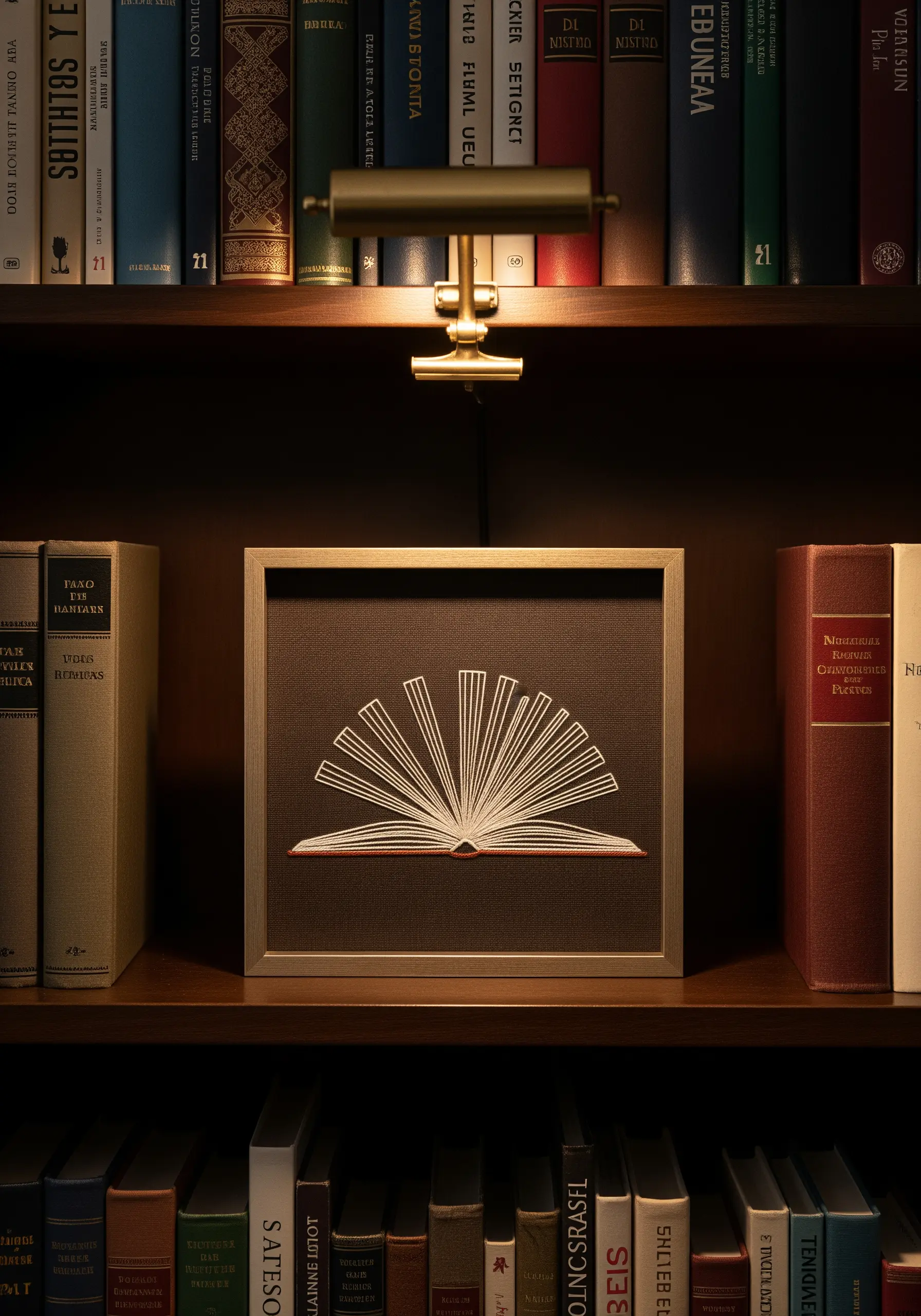 Minimalist line art embroidery of an open book on a dark background.