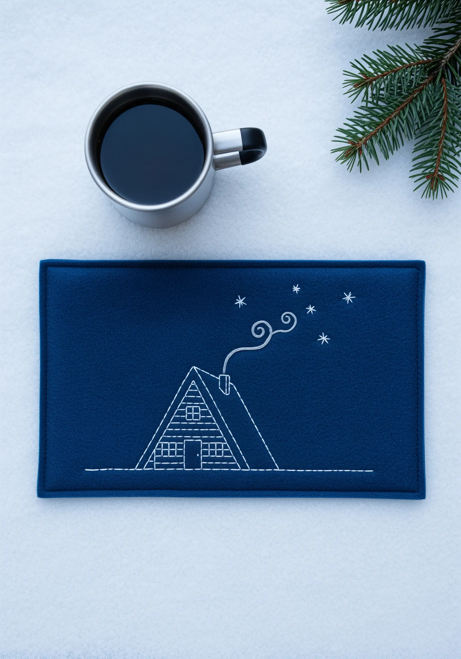 A minimalist line art embroidery of an A-frame cabin at night on a dark blue mug rug.