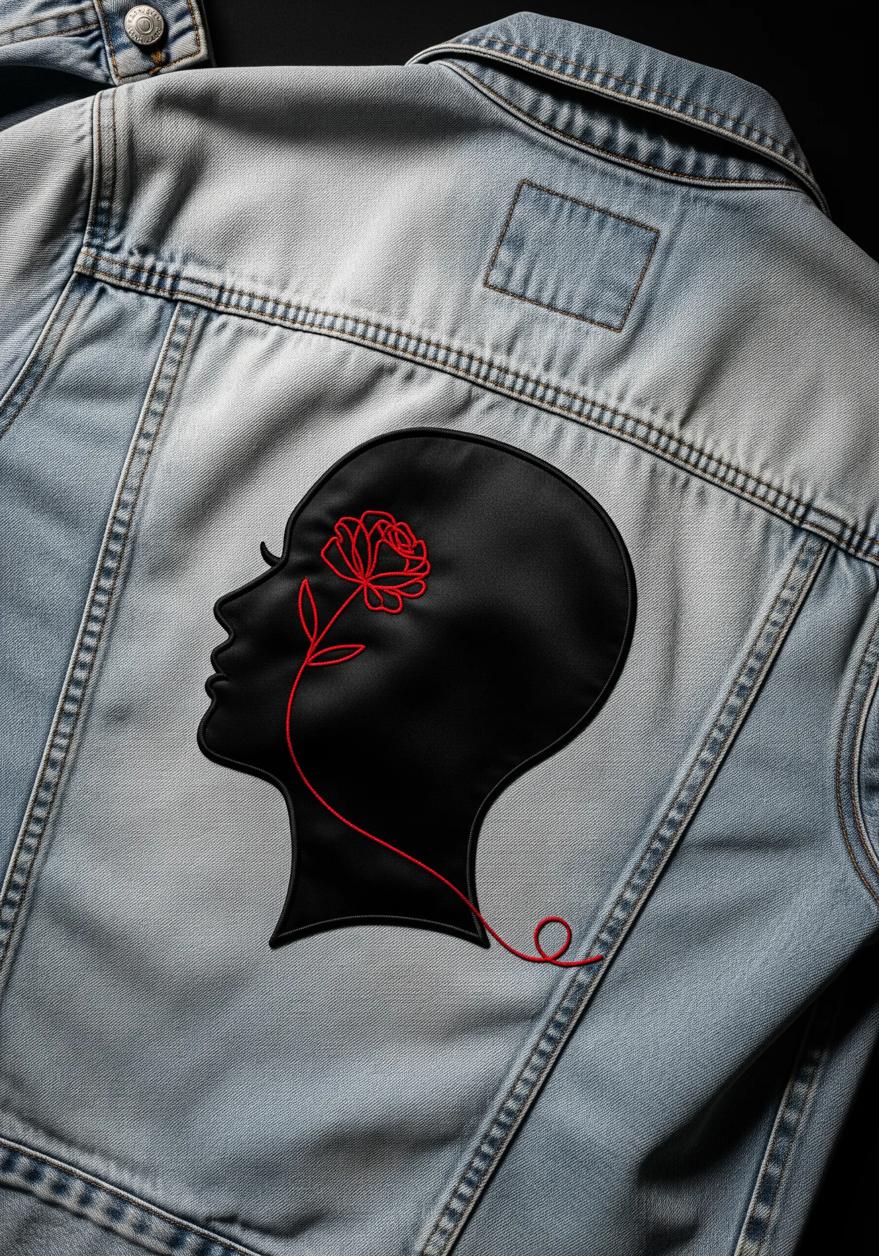 A black fabric silhouette of a head with a single red line-art rose embroidered inside.