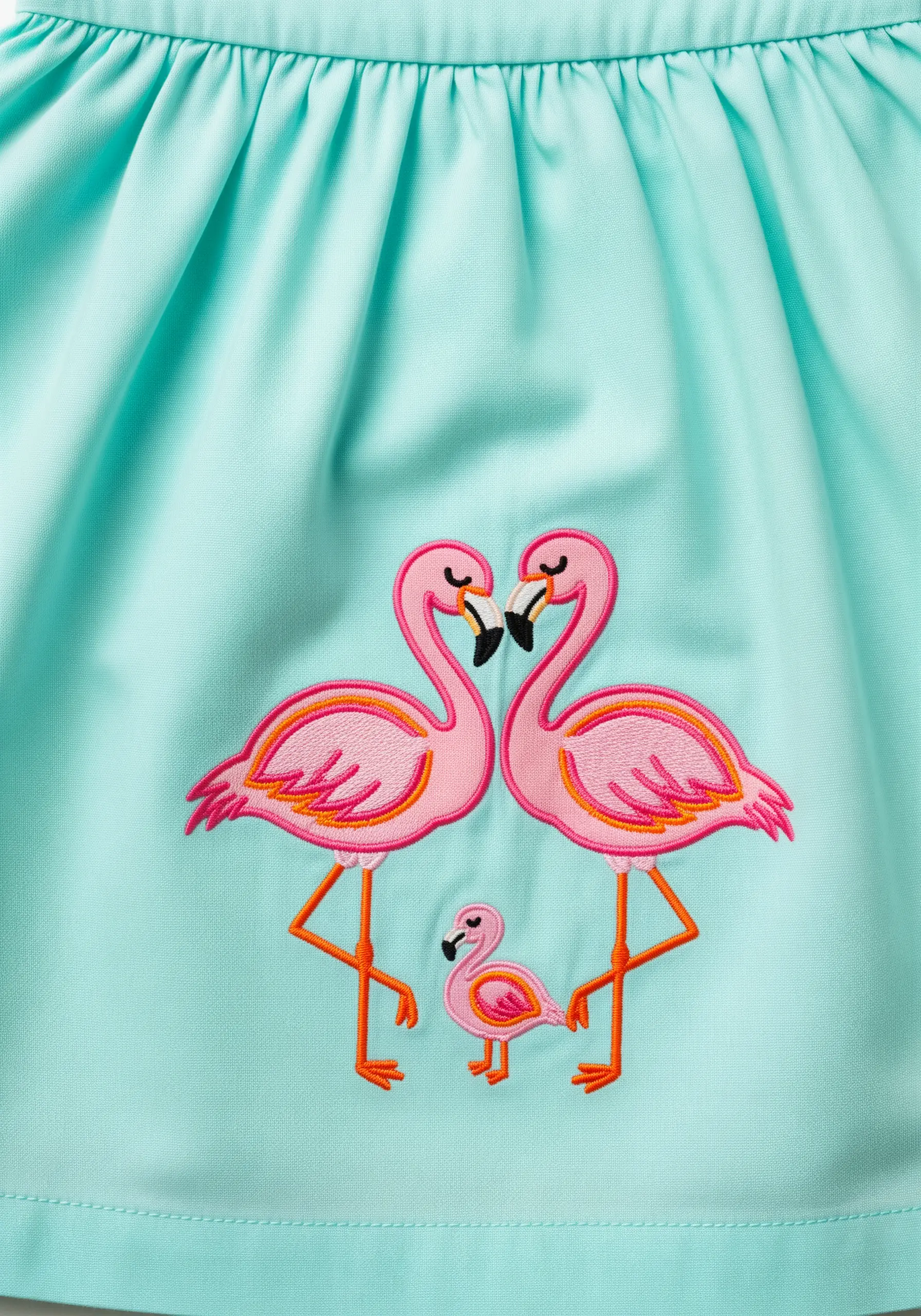 Embroidered family of flamingos—two adults and one chick—on a turquoise skirt.