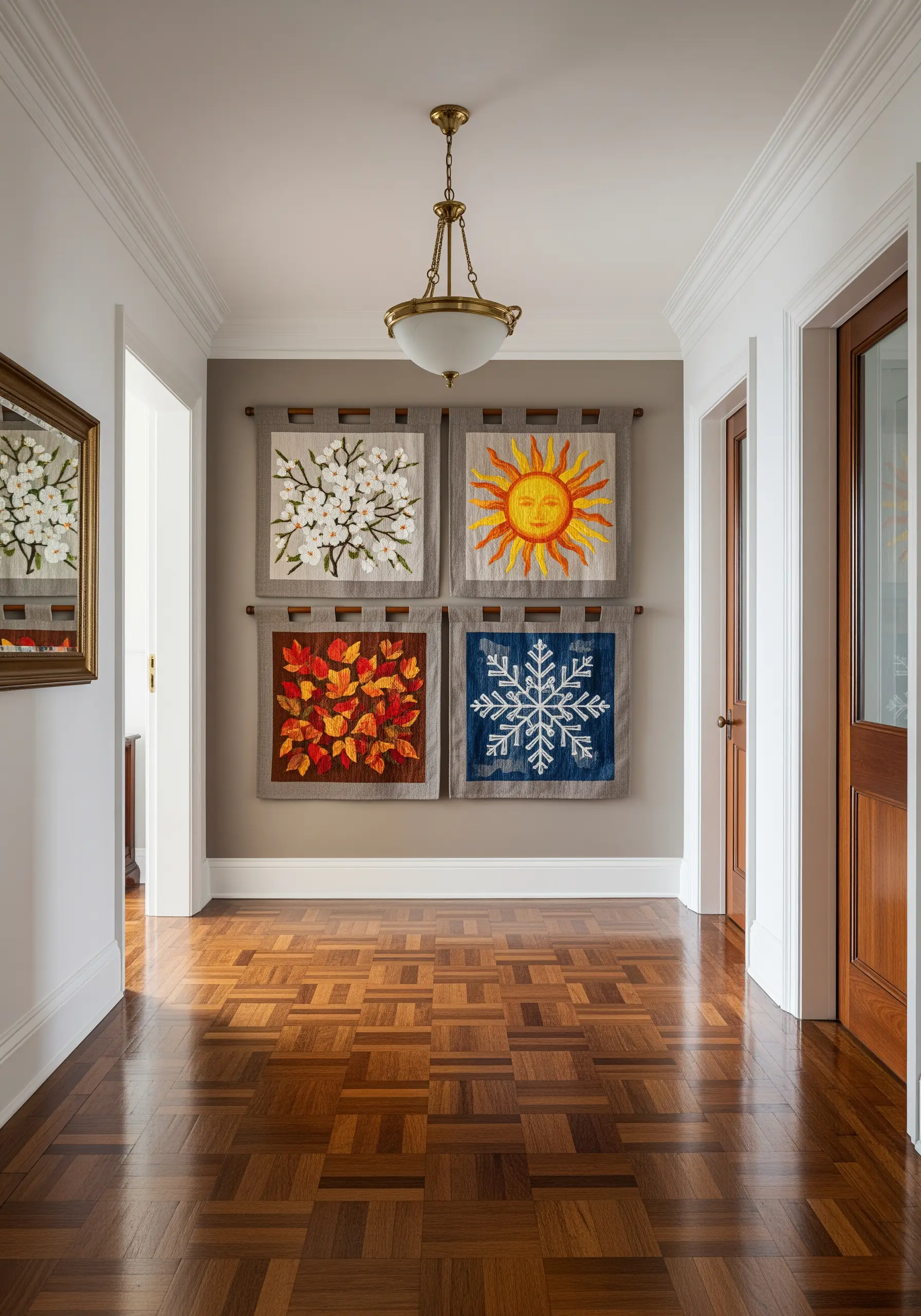 Four embroidered banners showing seasonal motifs: spring blossoms, summer sun, autumn leaves, winter snowflake.