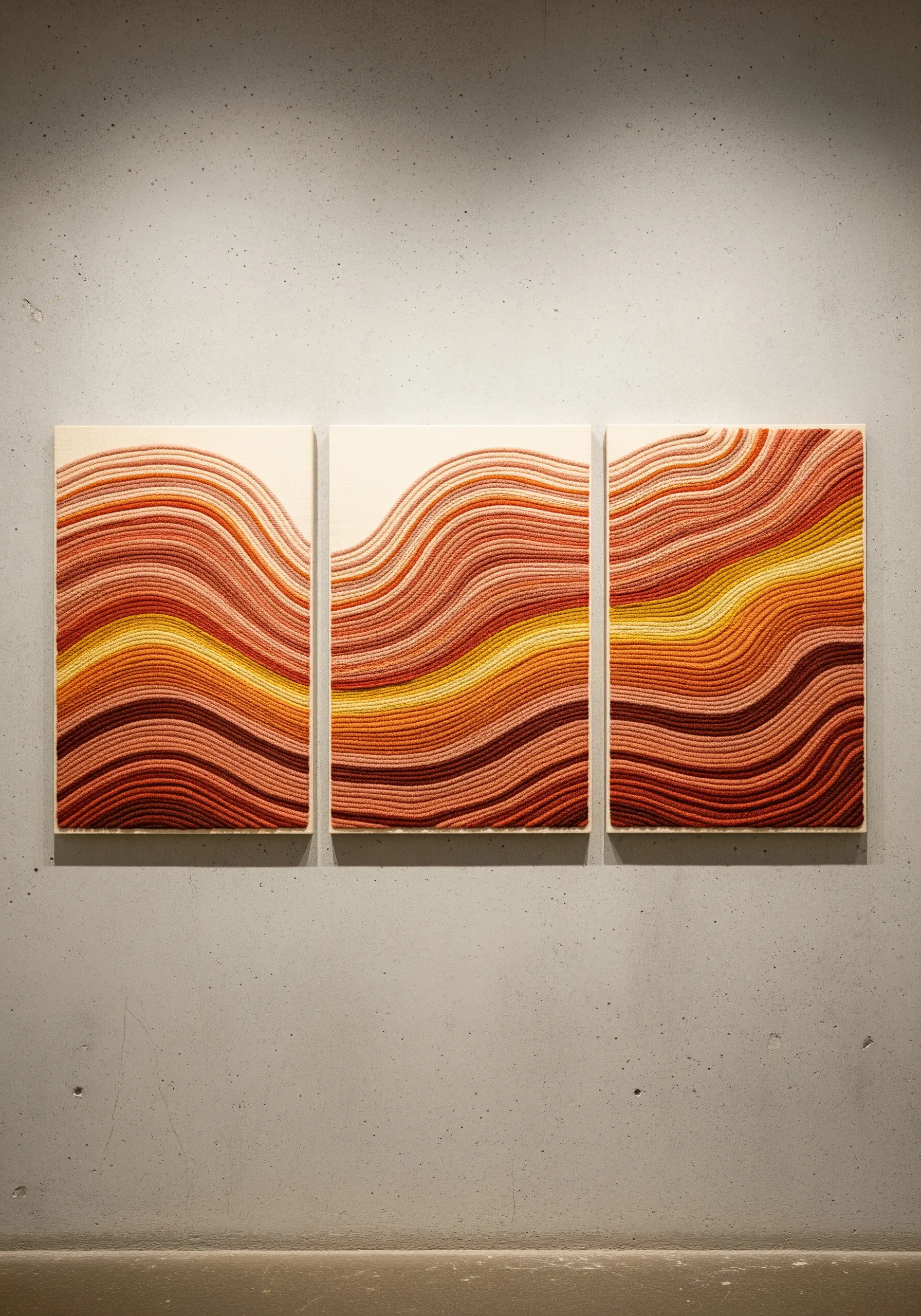 Triptych of wavy yarn art in warm earth tones