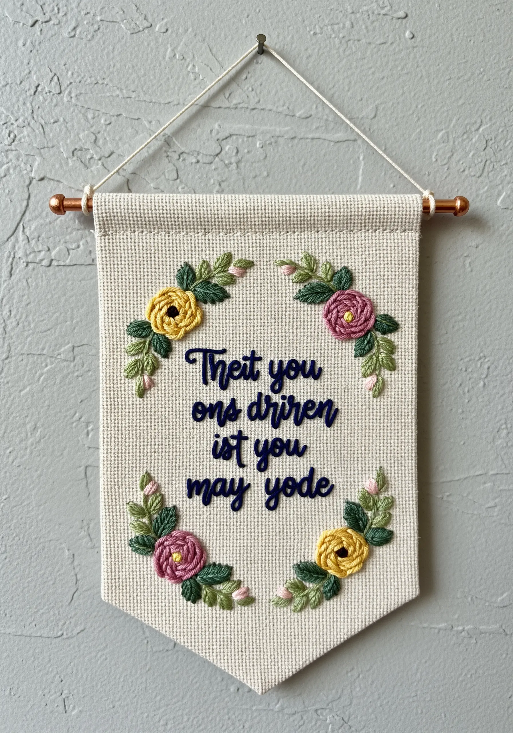 Embroidered wall banner with floral wreath and text