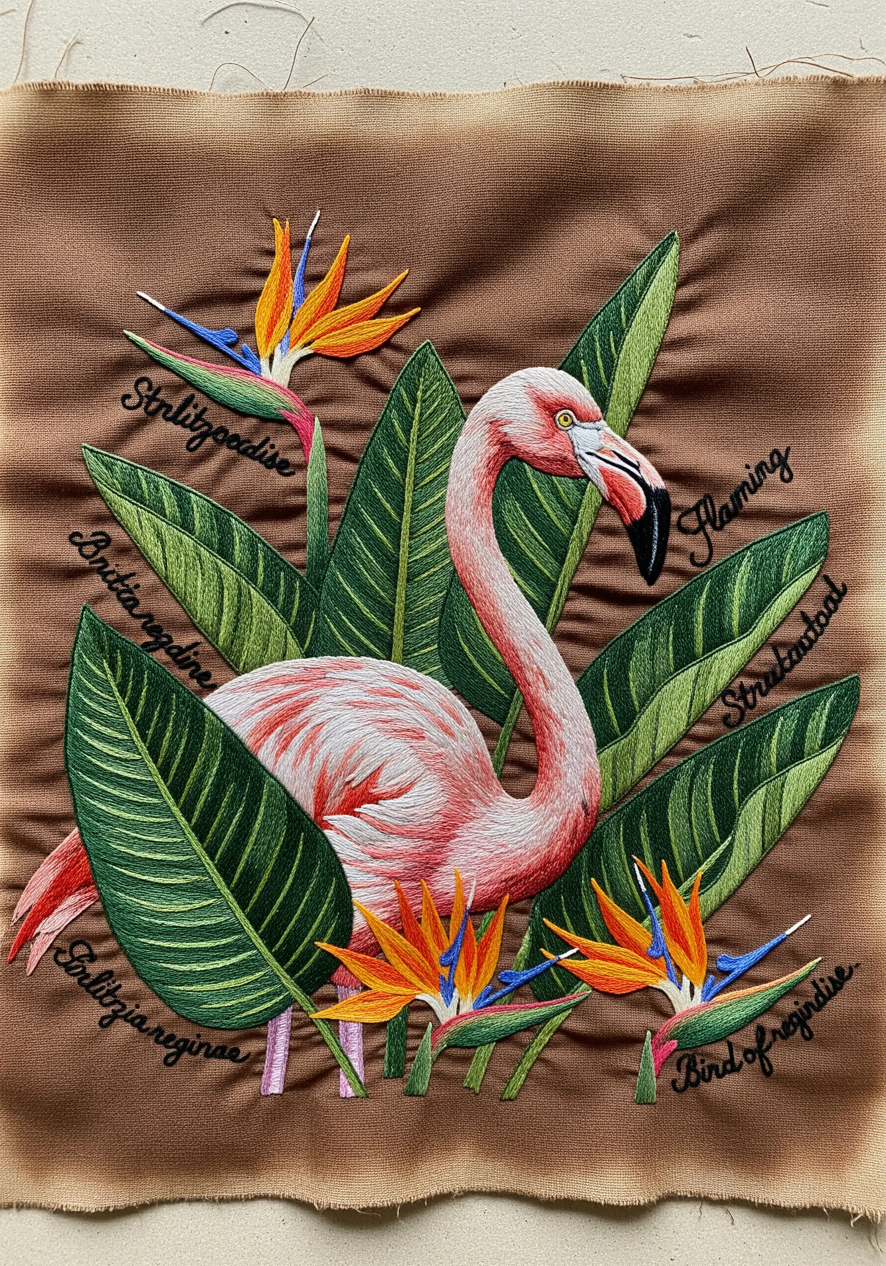 Flamingo embroidery with Strelitzia flowers and text on brown fabric