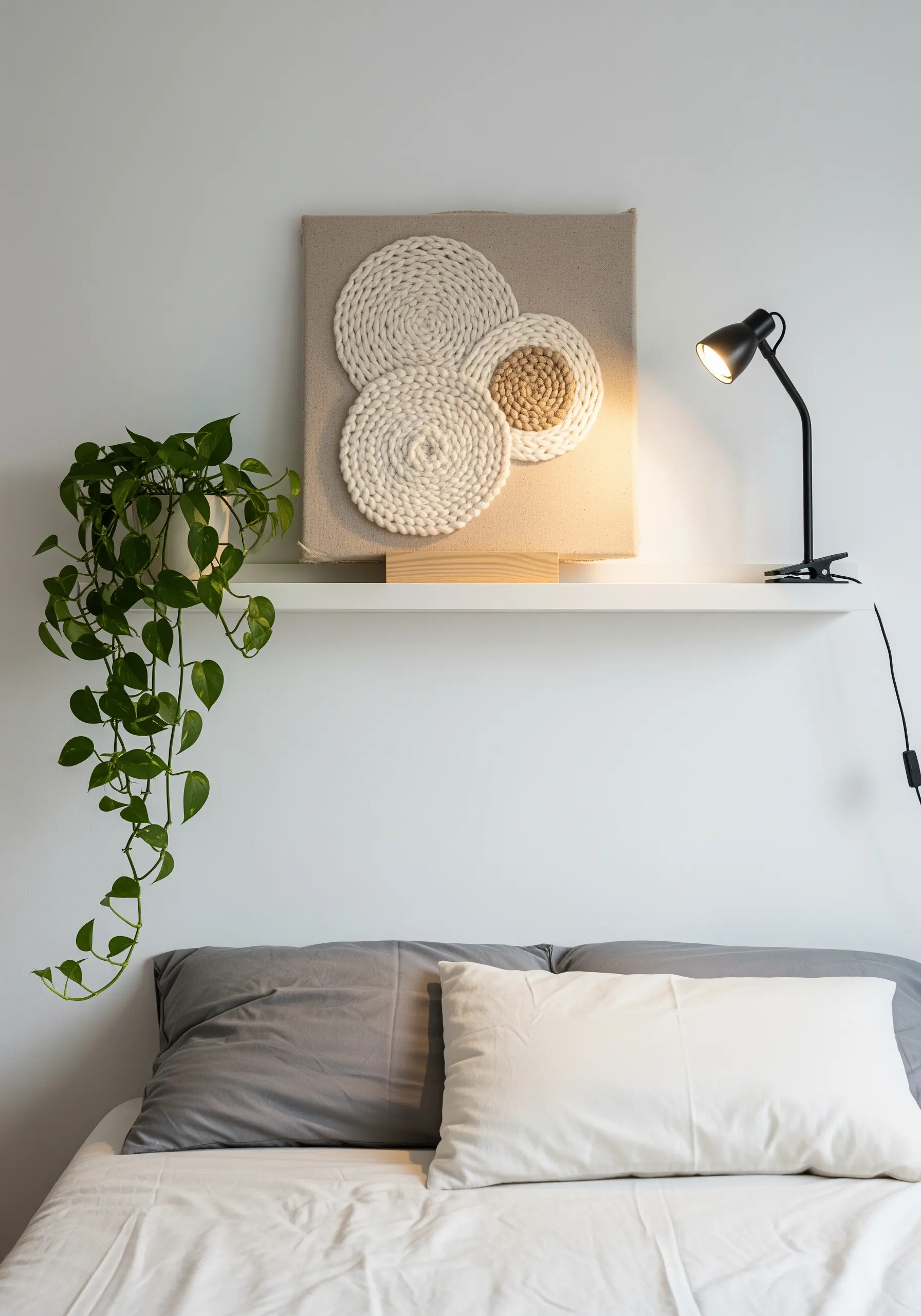 A piece of textural art on a shelf, made from coiled ropes of different sizes and neutral colors.