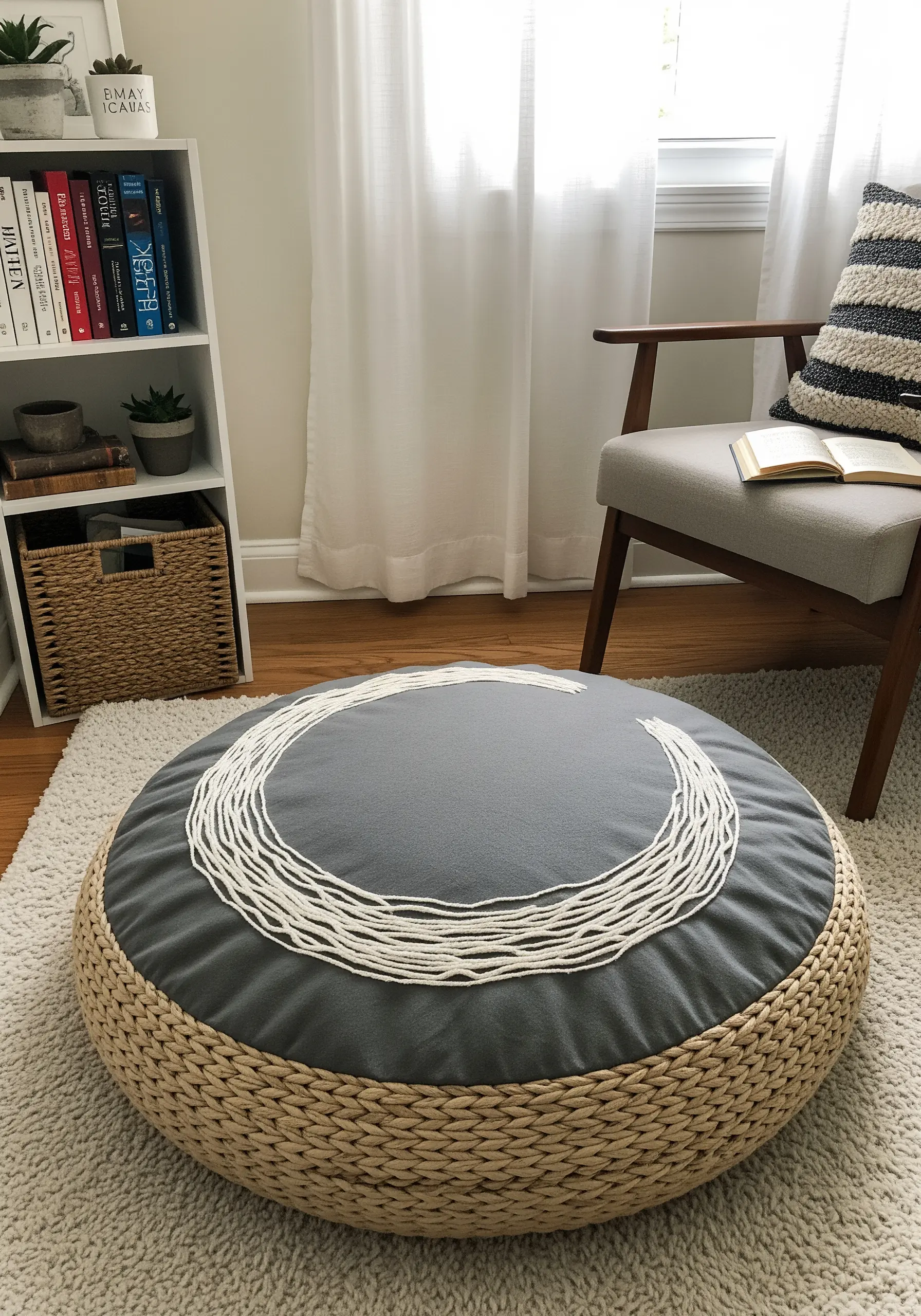 Thick white cording couched in an abstract crescent shape on a grey floor cushion.