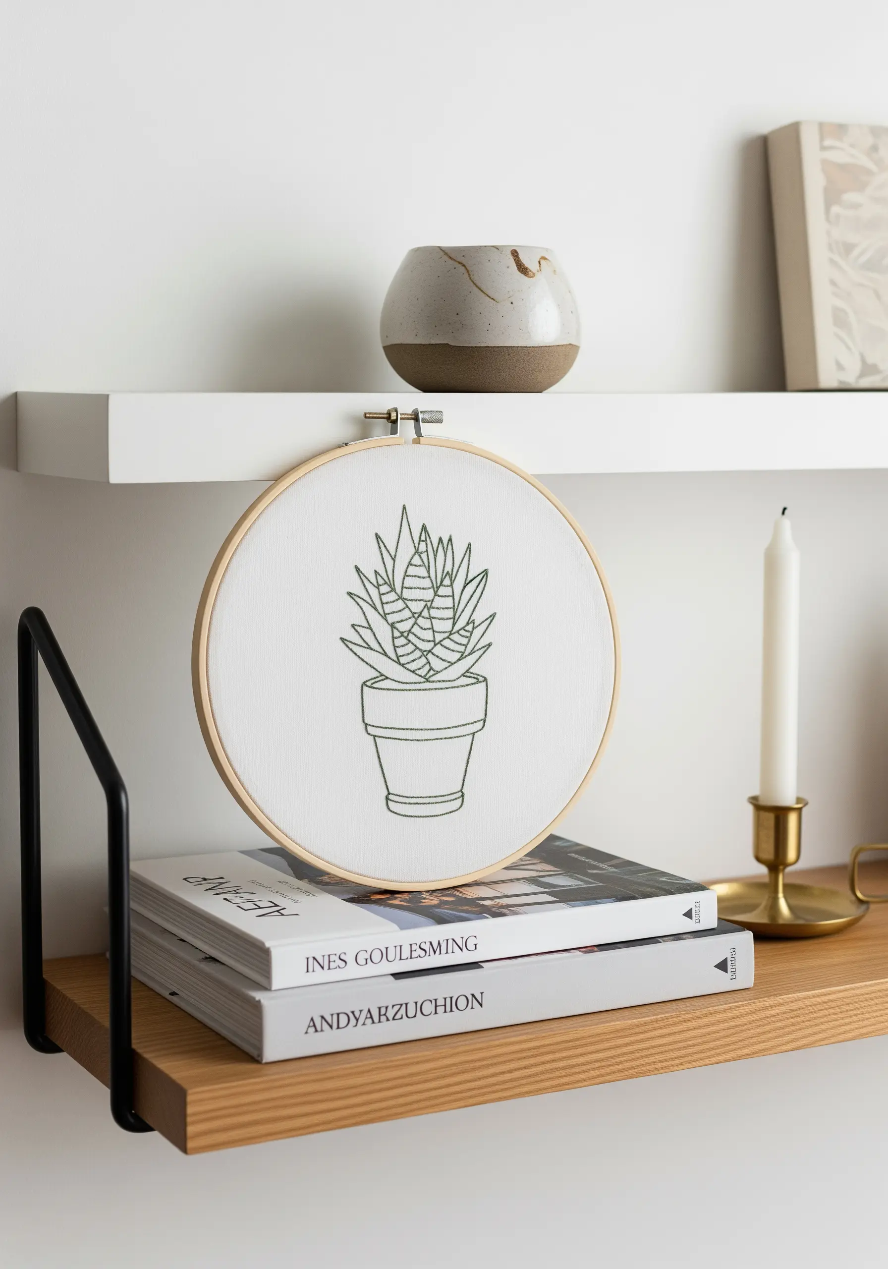 A line art embroidery of a potted snake plant, with textural stitches filling the leaves.