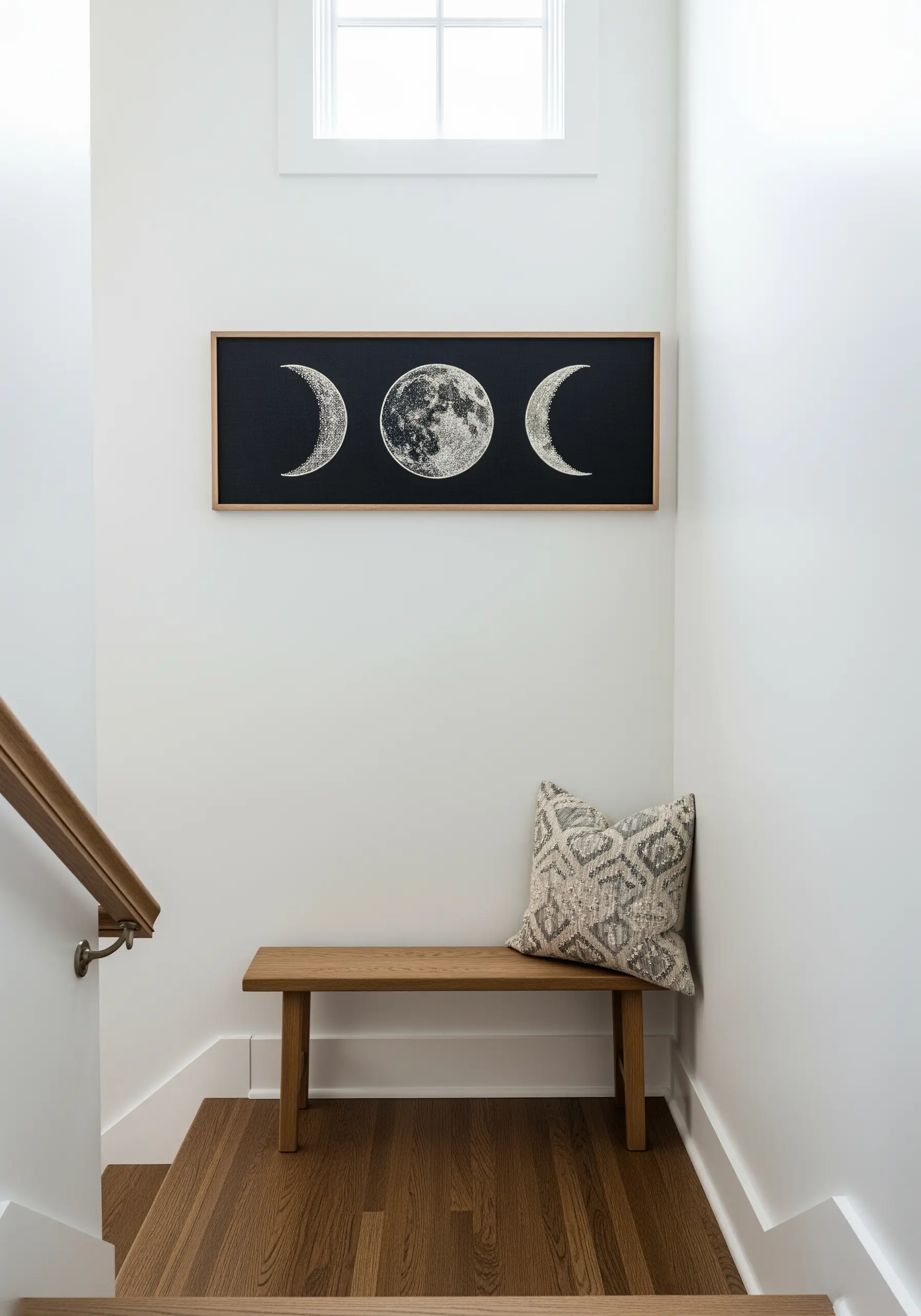 A framed art piece showing the phases of the moon, with the full moon created from dense French knots.