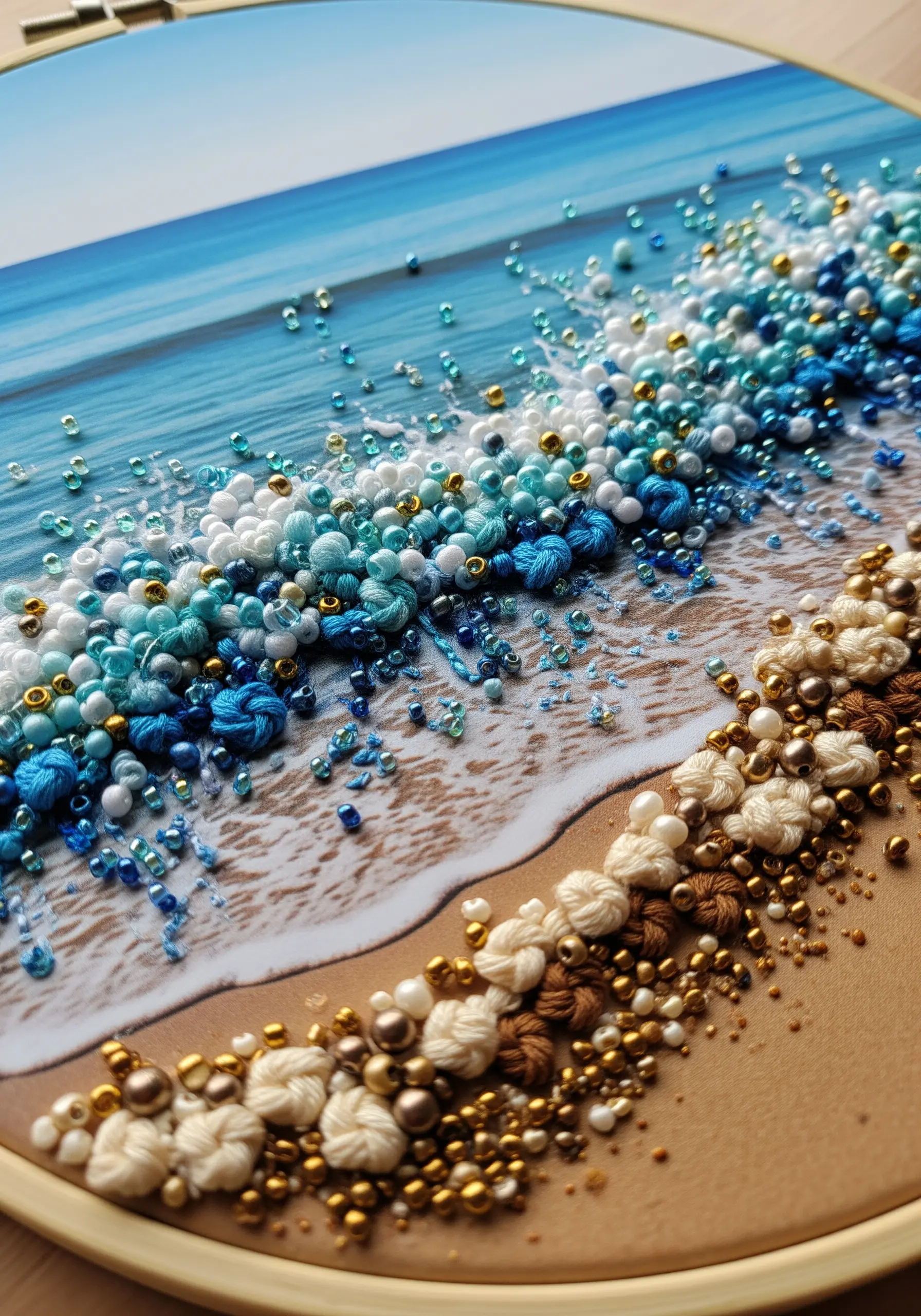Ocean embroidery with beads and French knots
