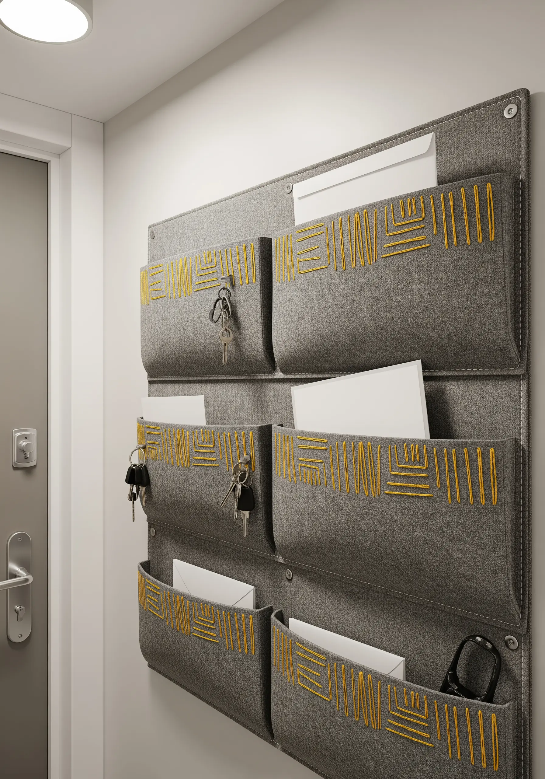 Abstract yellow line embroidery on a grey felt hanging wall organizer.