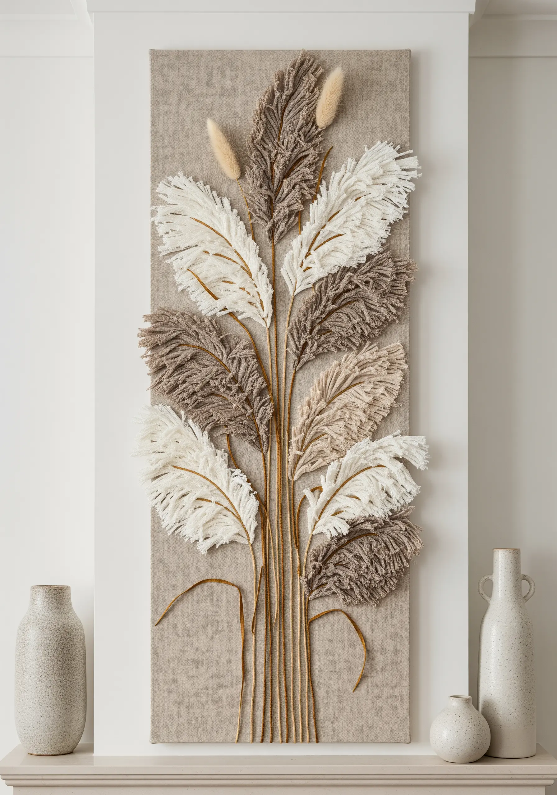Wall art of pampas grass made with fluffy, brushed yarn on a neutral canvas.