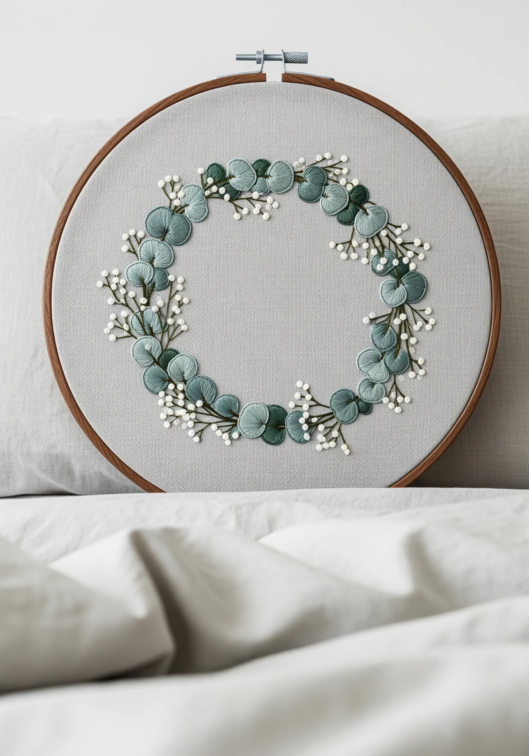 Eucalyptus wreath with satin stitch leaves and French knot accents on grey fabric.
