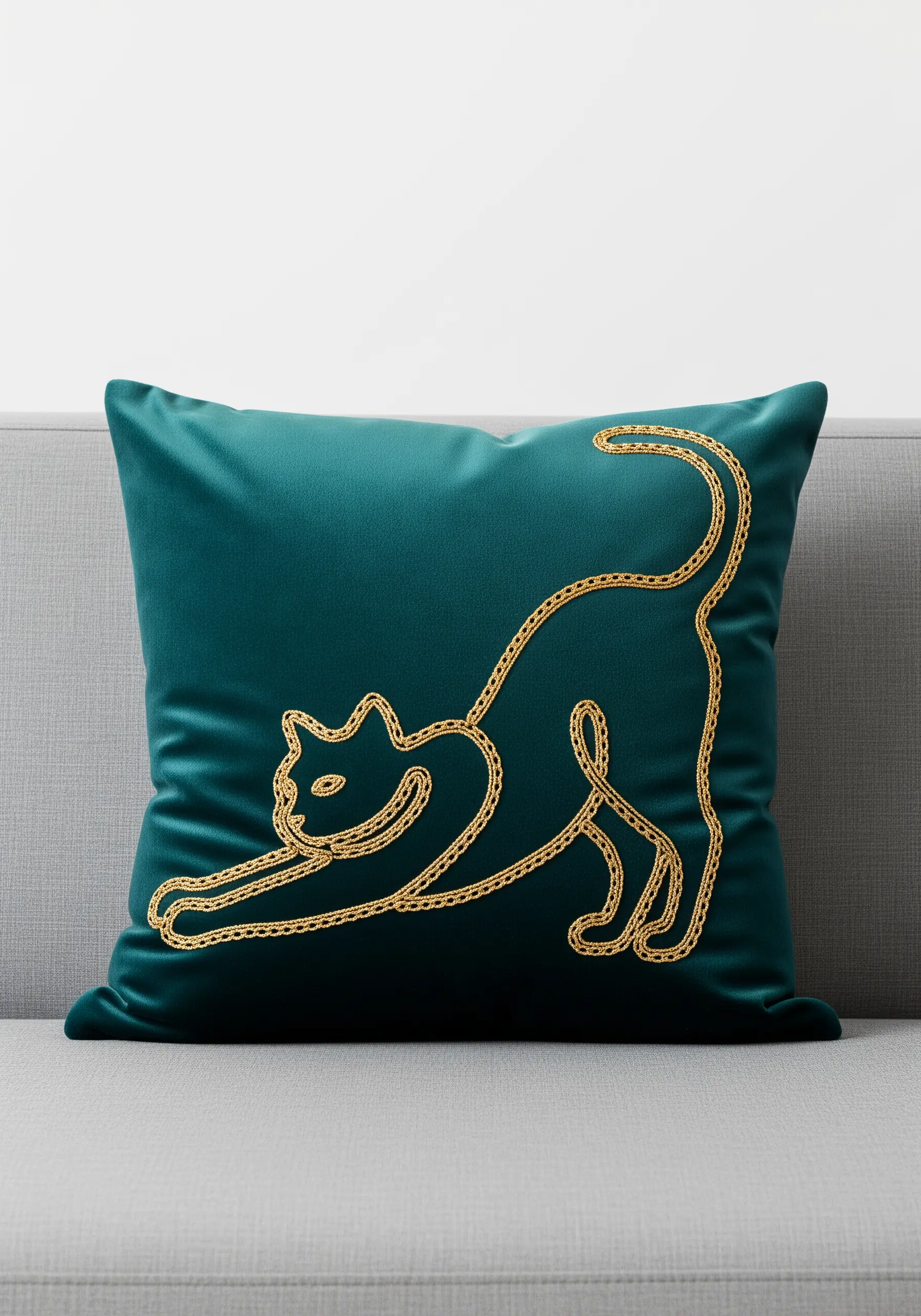 Gold chain stitch outline of a stretching cat on a teal velvet pillow.