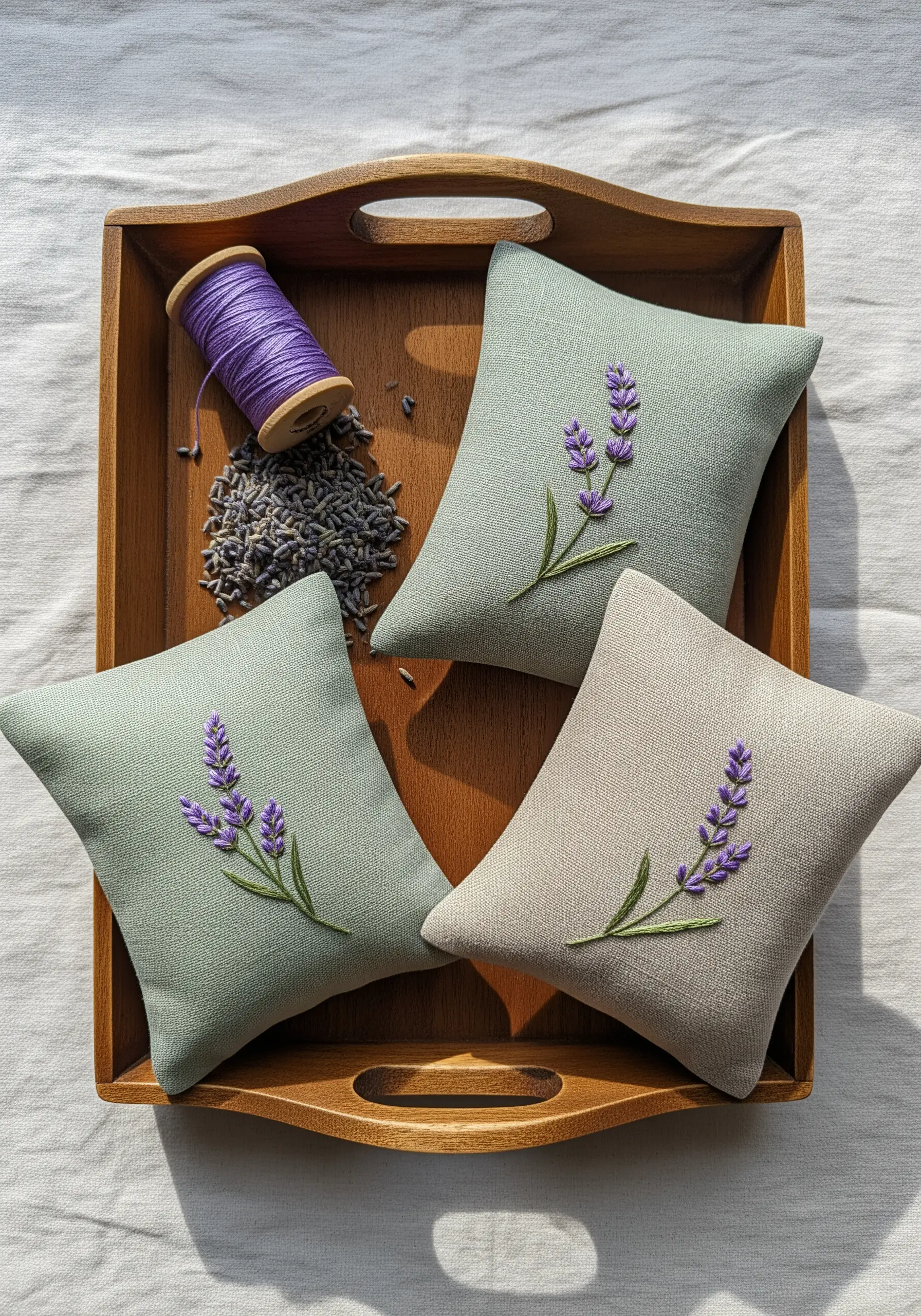 Lavender embroidery on linen sachets using bullion knots for texture