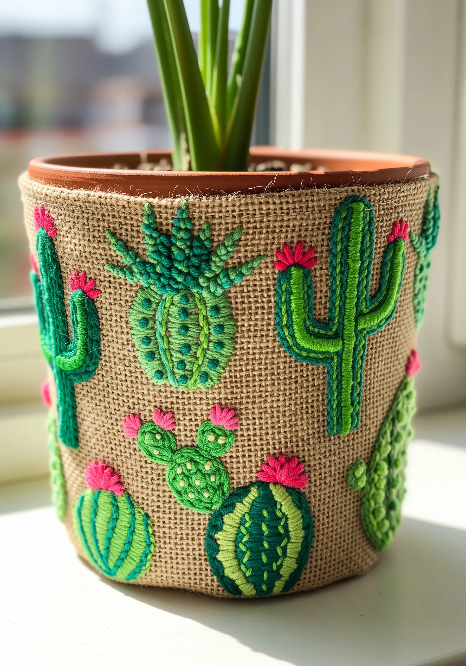 A burlap pot cover decorated with various embroidered cacti in bright greens and pinks.