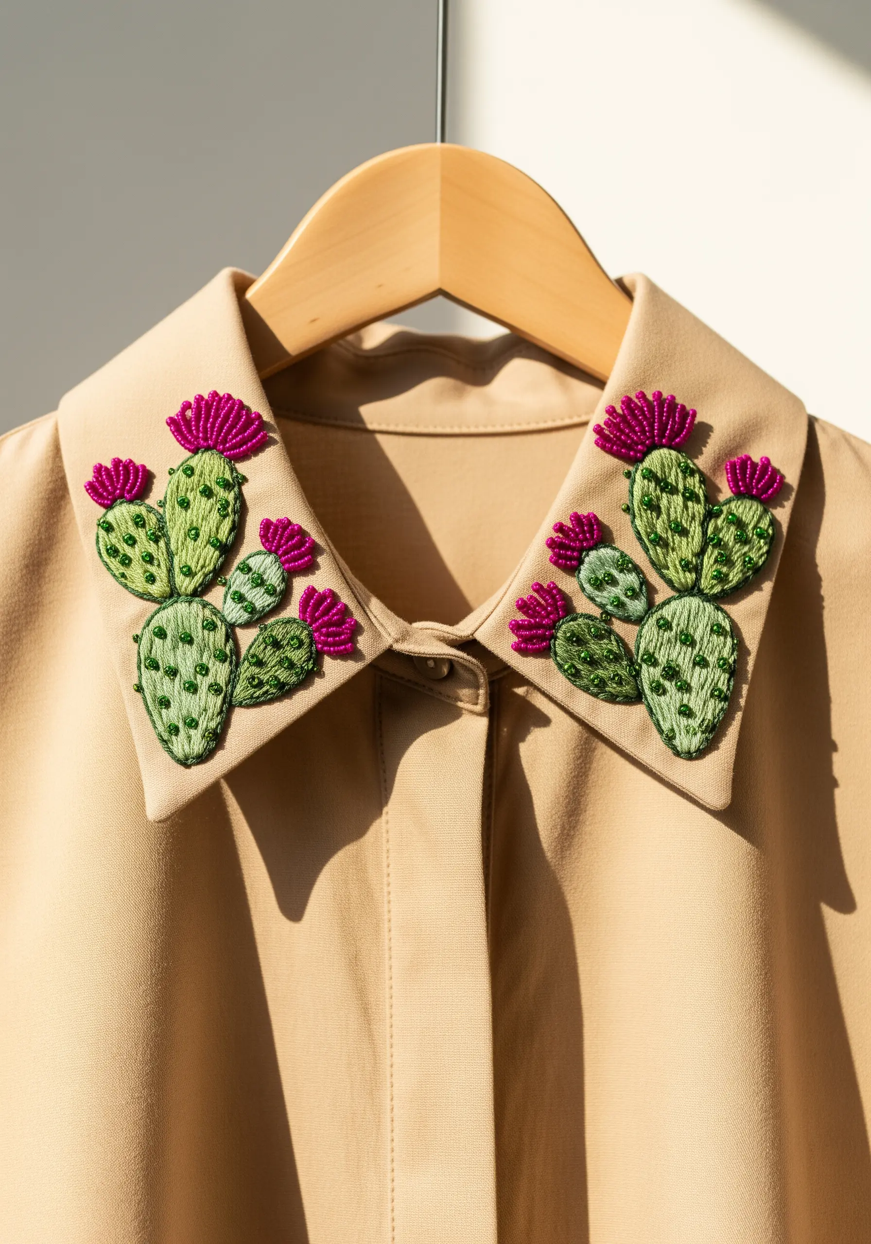 Playful cactus clusters with green beads and magenta French knot flowers on a tan collar.