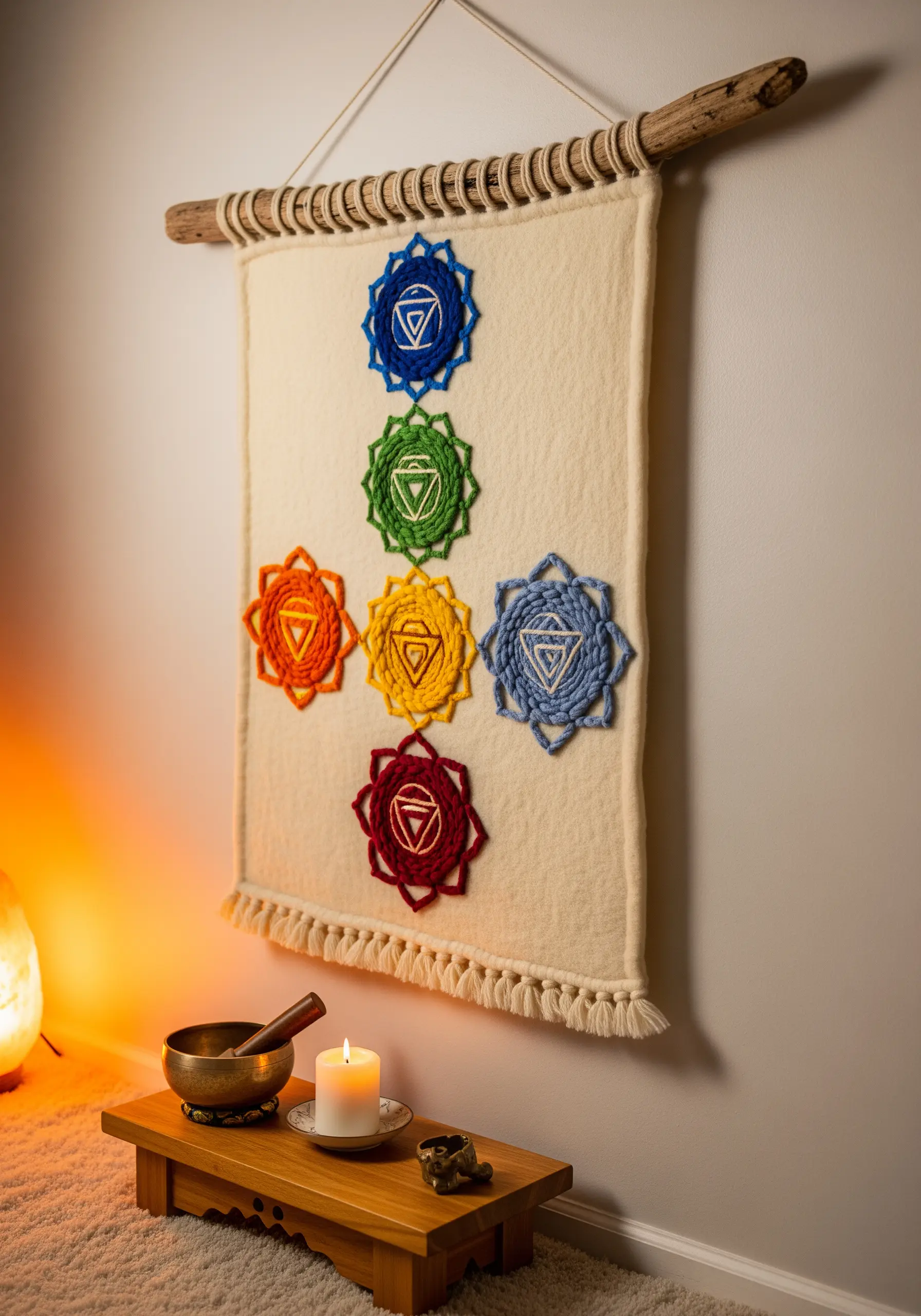 Wool felt wall hanging with seven colorful, textured embroidered chakra symbols hung from driftwood.