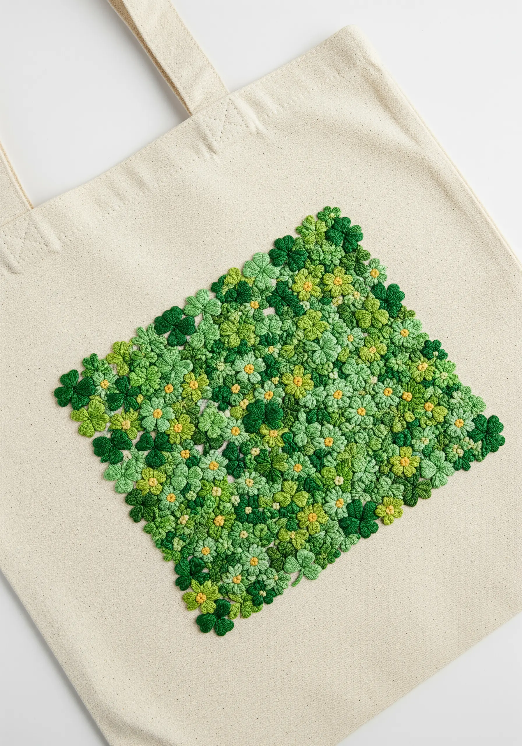 A dense patch of embroidered green three-leaf clovers creating a textured square.