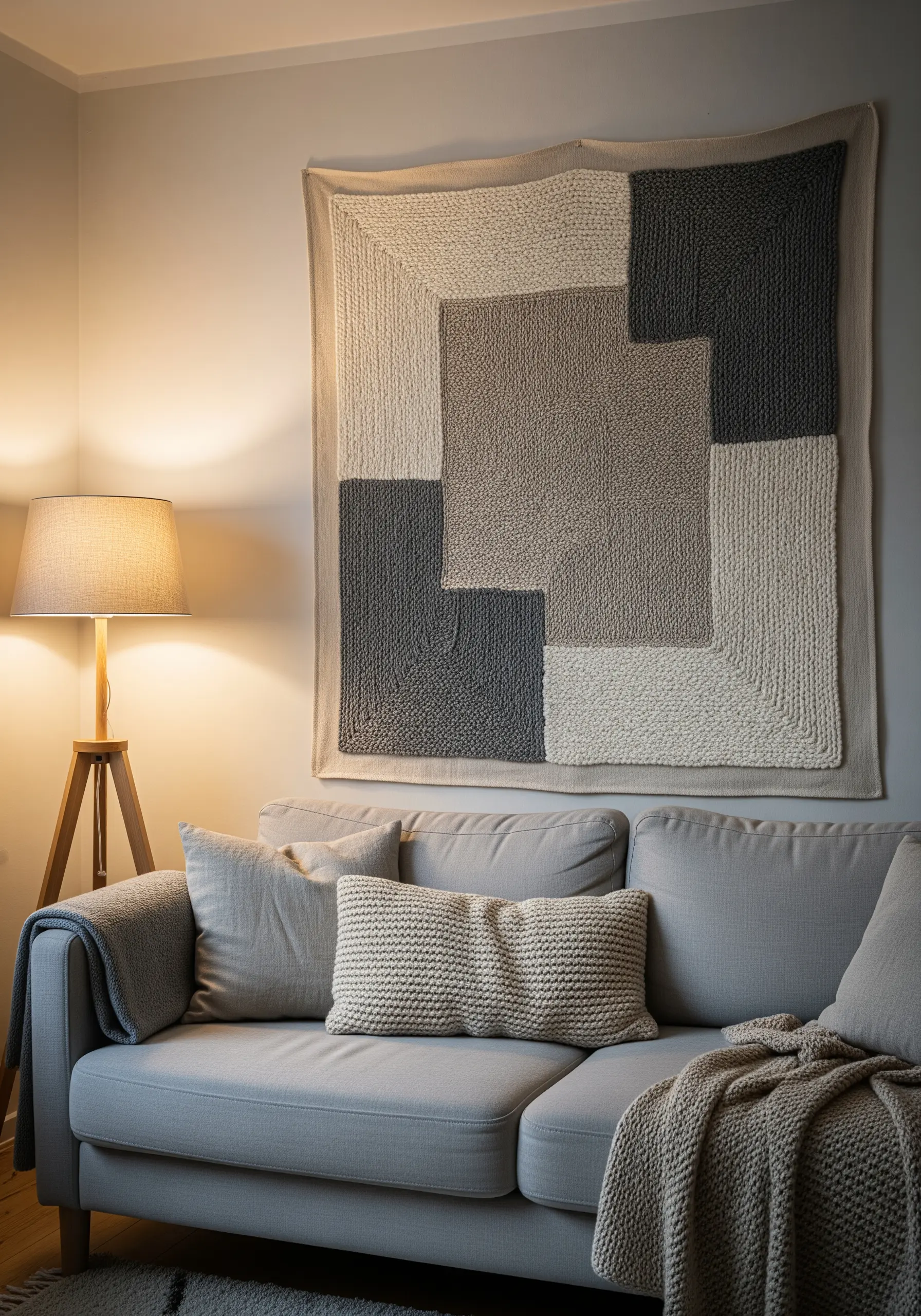 A large, textured wall hanging with geometric color blocks in grey, charcoal, and cream tones.