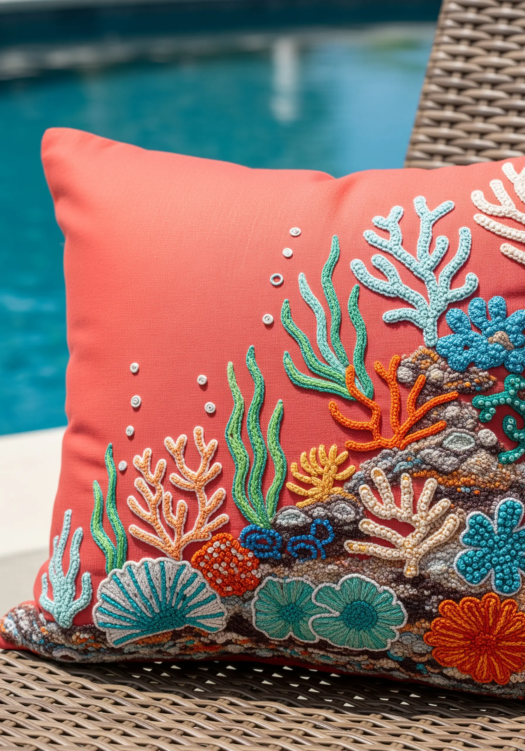 A densely embroidered coral reef scene with highly textured stitches and knots.