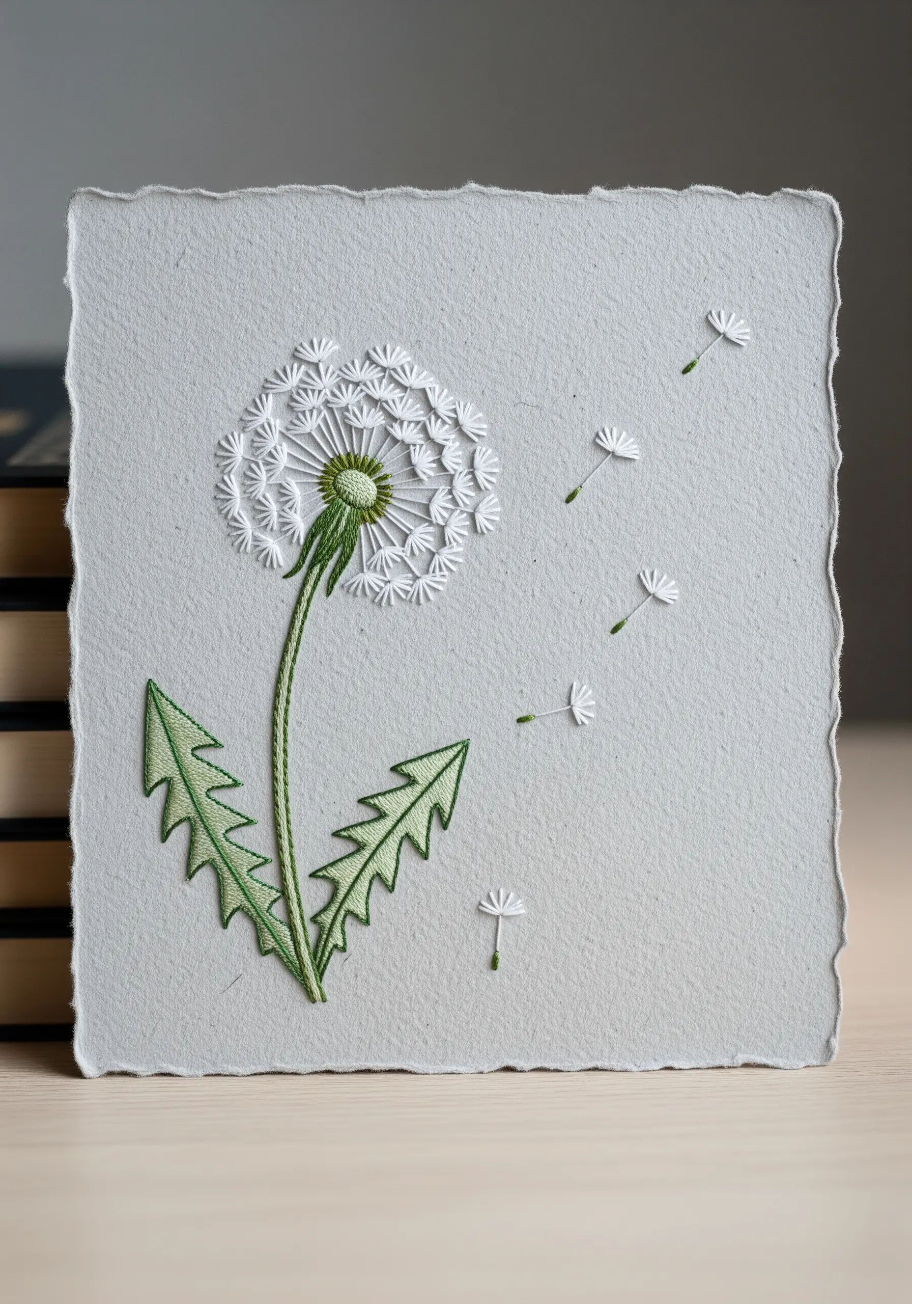 A delicate dandelion puff embroidered on gray paper, with seeds blowing in the wind.