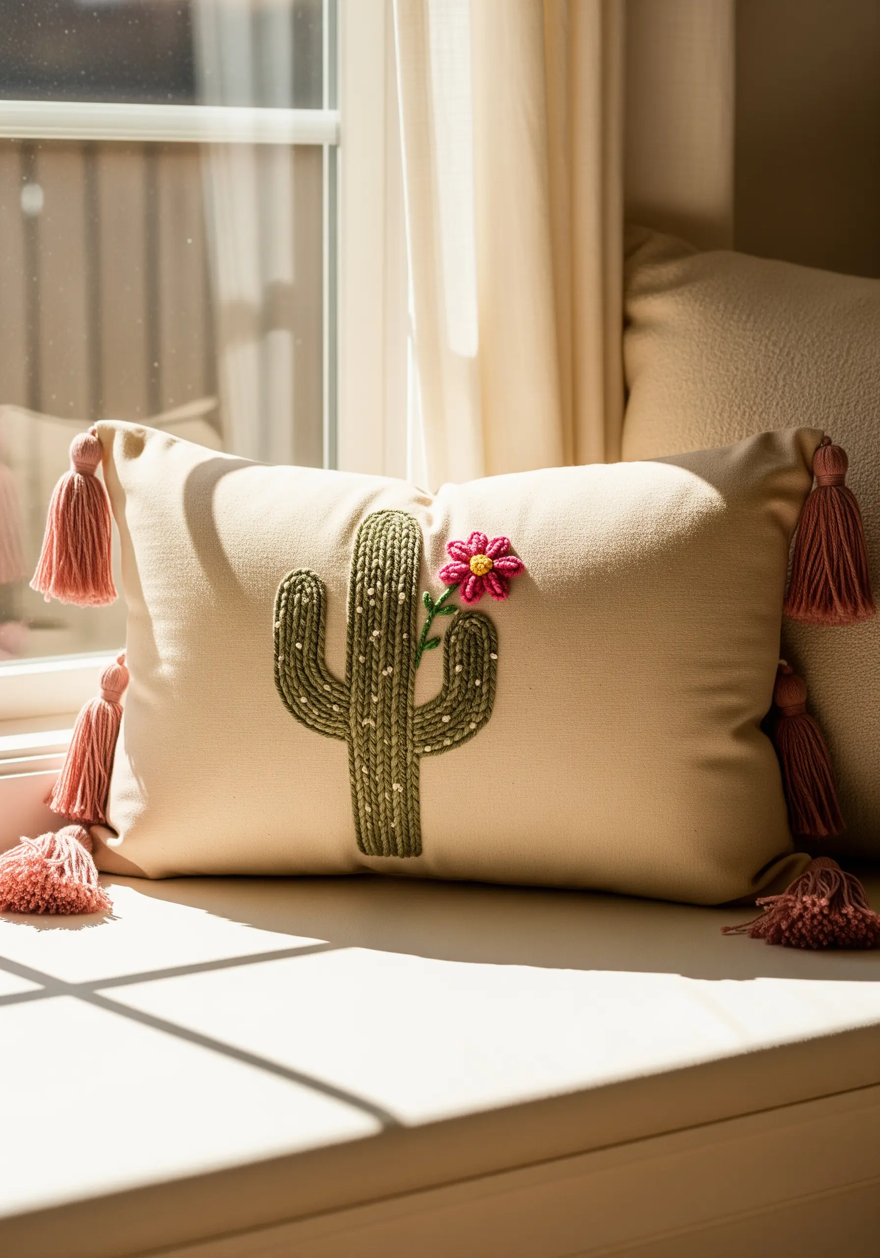 A green cactus with a pink flower embroidered on a pillow with textural stitches.