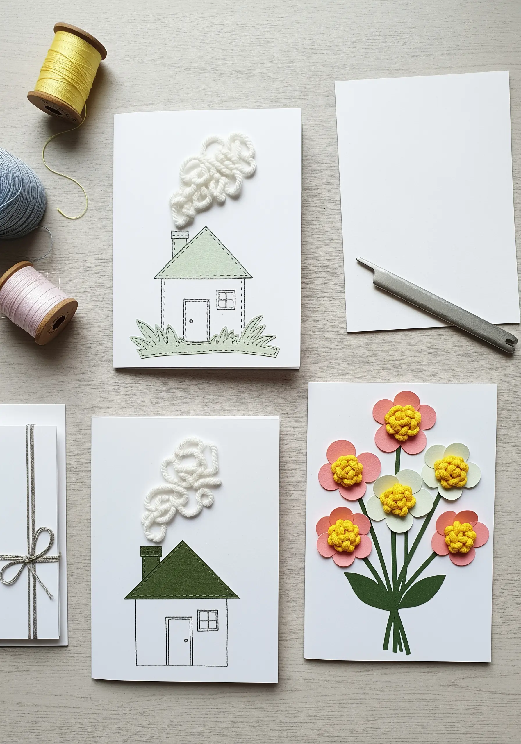 Handmade cards with paper cutouts; one has yarn smoke and the other has embroidered flower centers.