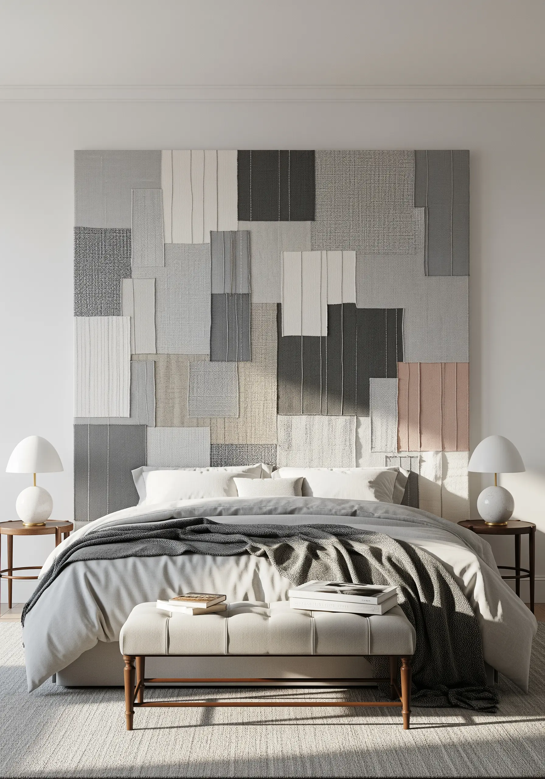 A large patchwork headboard made from neutral-toned textured fabric squares.