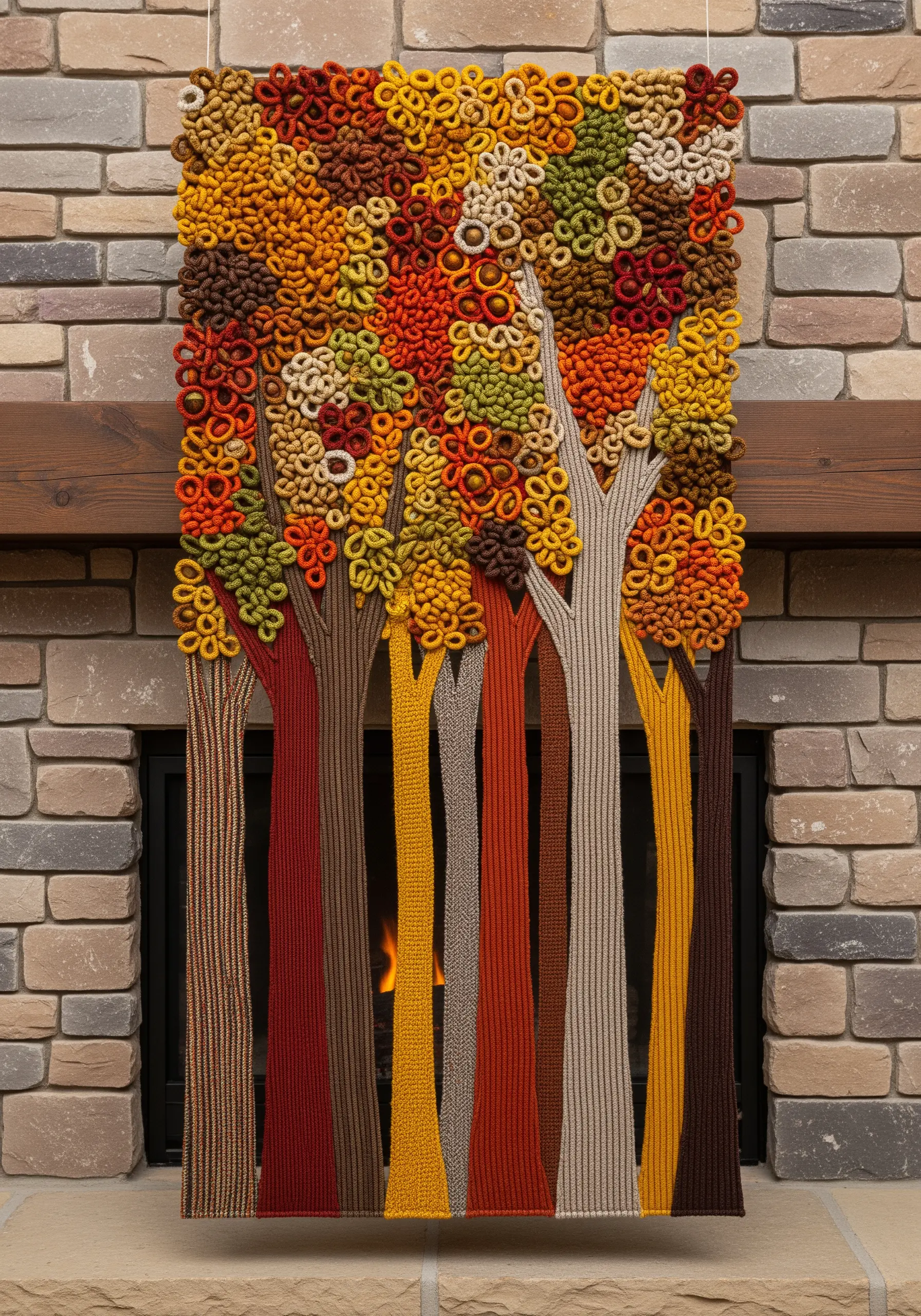 A textile art piece of autumn trees with canopies made of colorful, densely packed fabric loops.