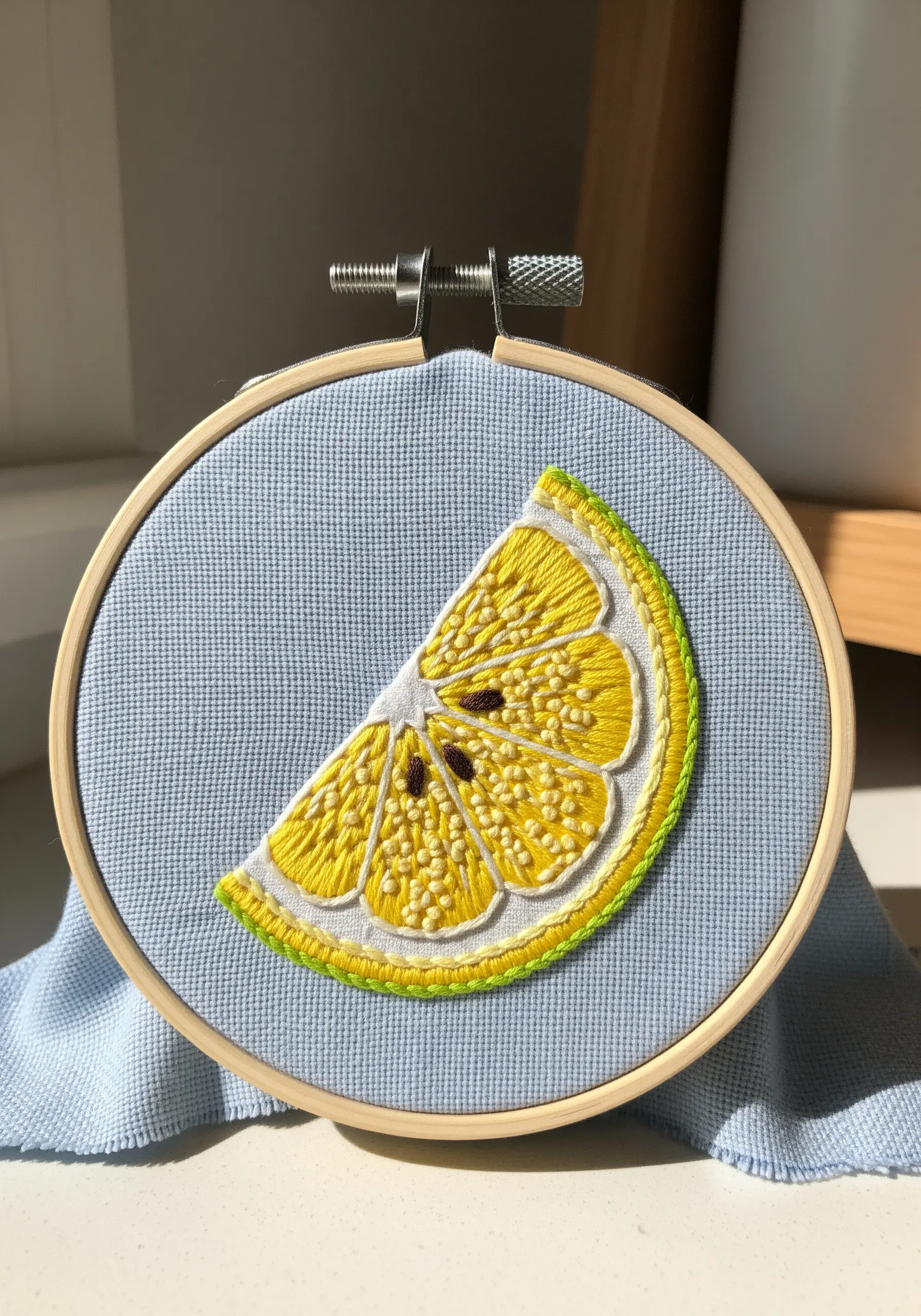 Embroidered lemon slice with French knot texture details