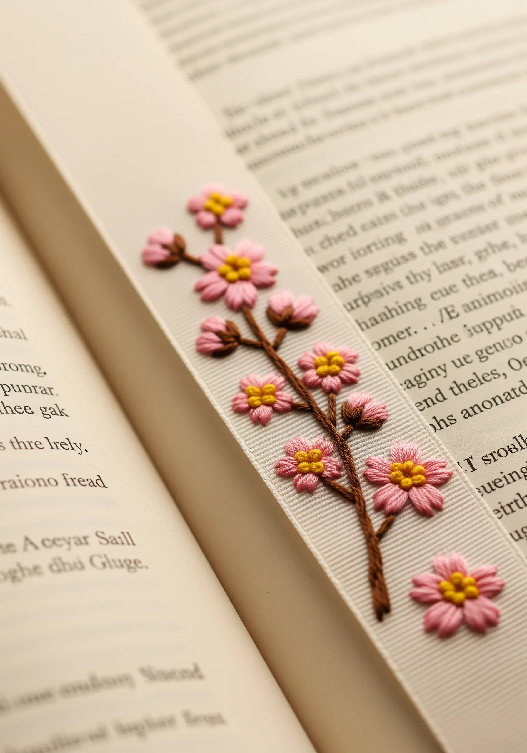 3D woven picot stitch cherry blossoms on a cream ribbon bookmark.