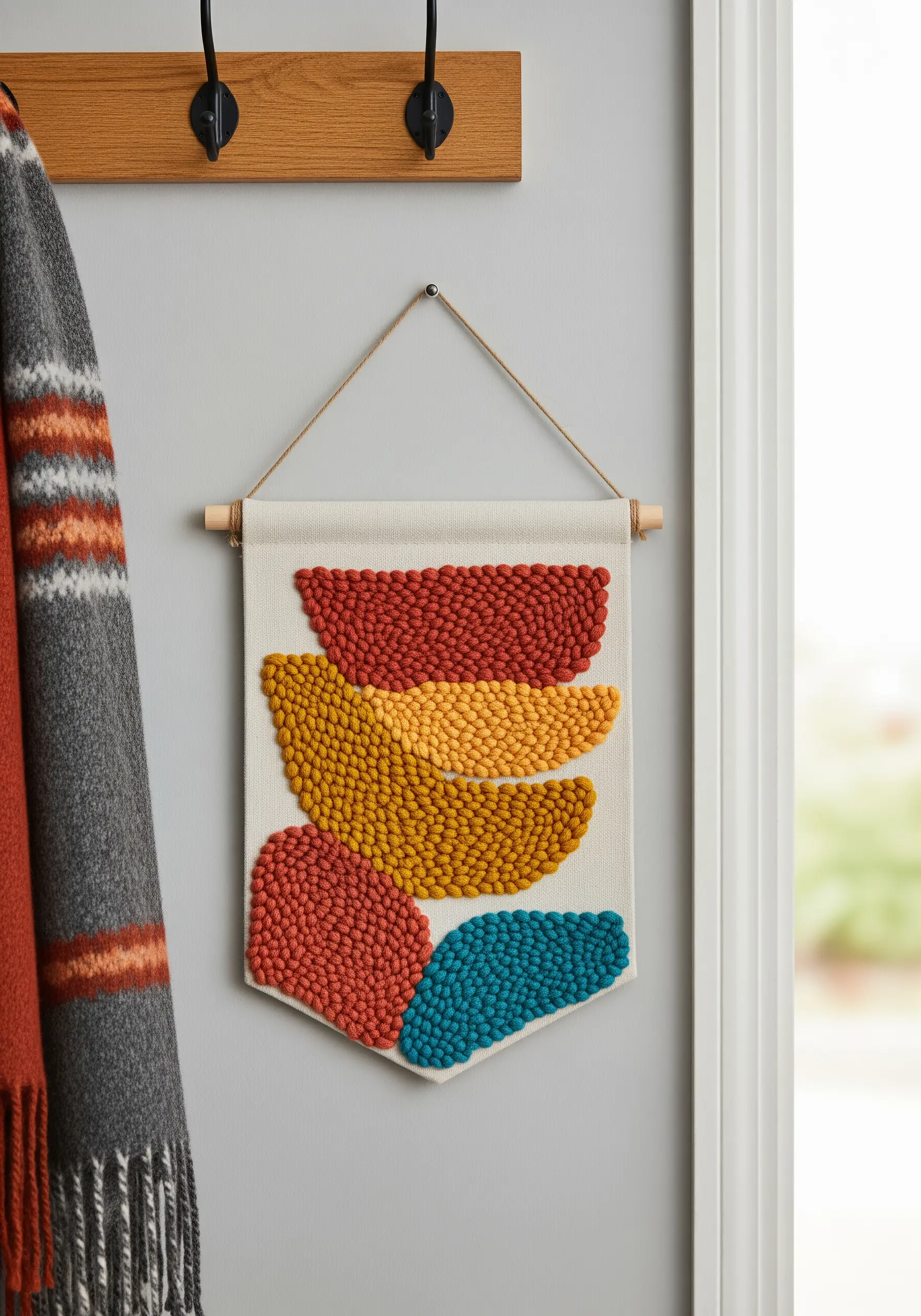 Abstract punch needle wall hanging in warm tones