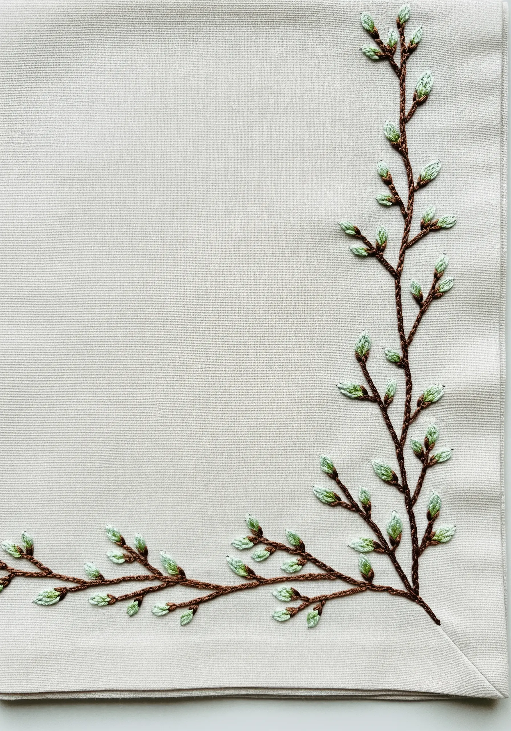 Pussy willow branches with dimensional, textured buds on a light linen napkin.