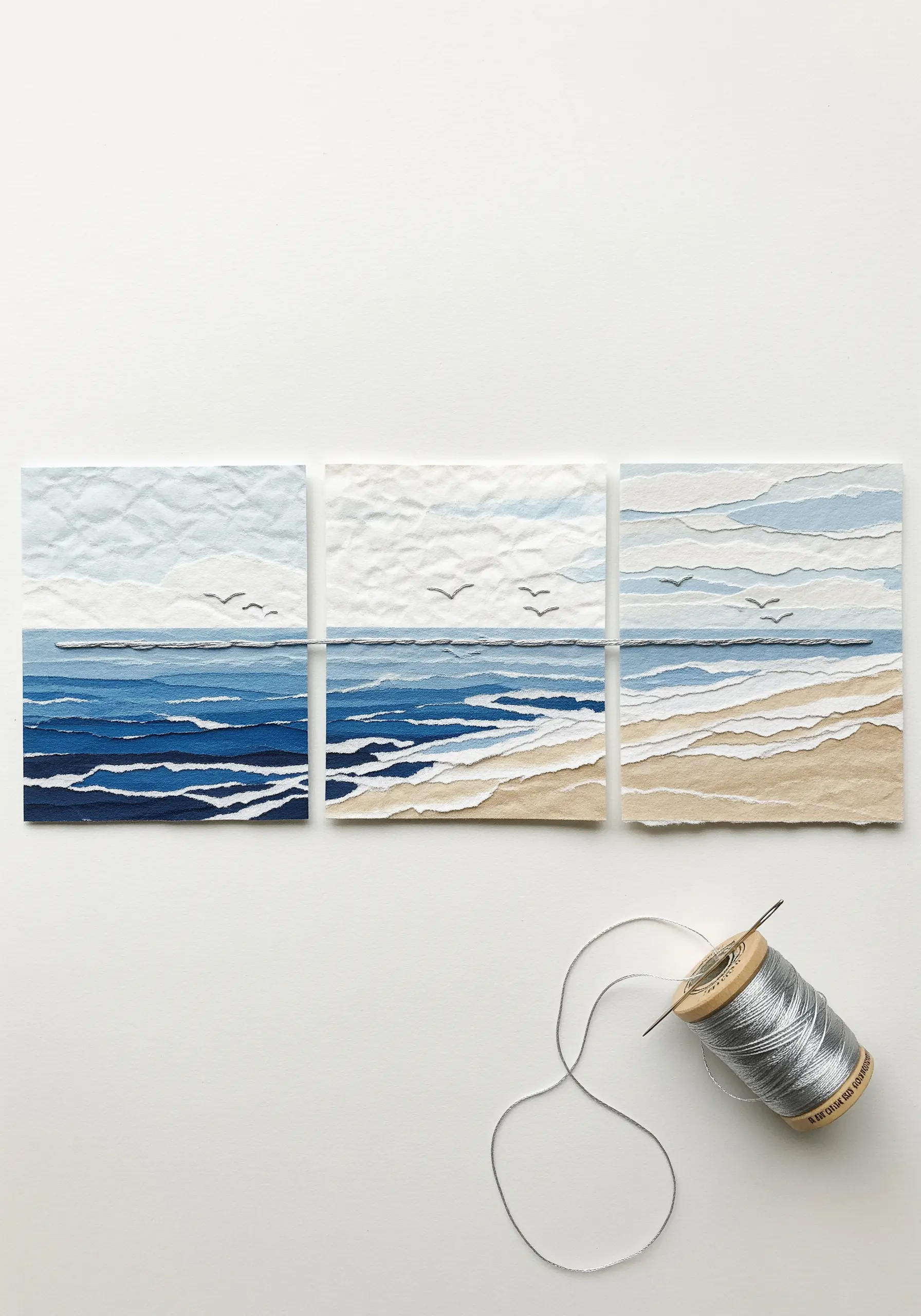 A triptych of embroidered seascapes with textured stitches for the water and a clean horizon line.