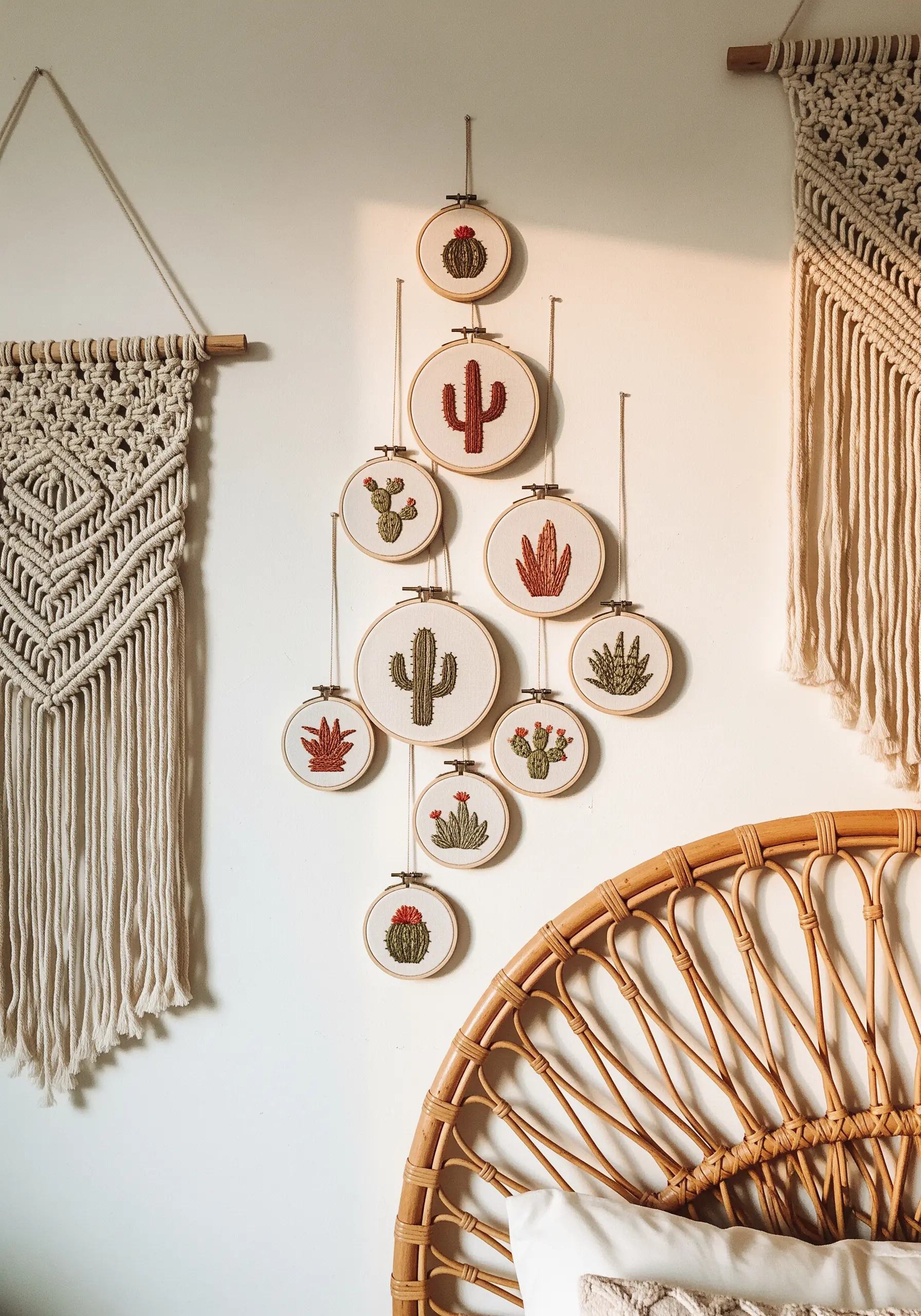 Embroidered cacti and succulents with textured stitches on hoops