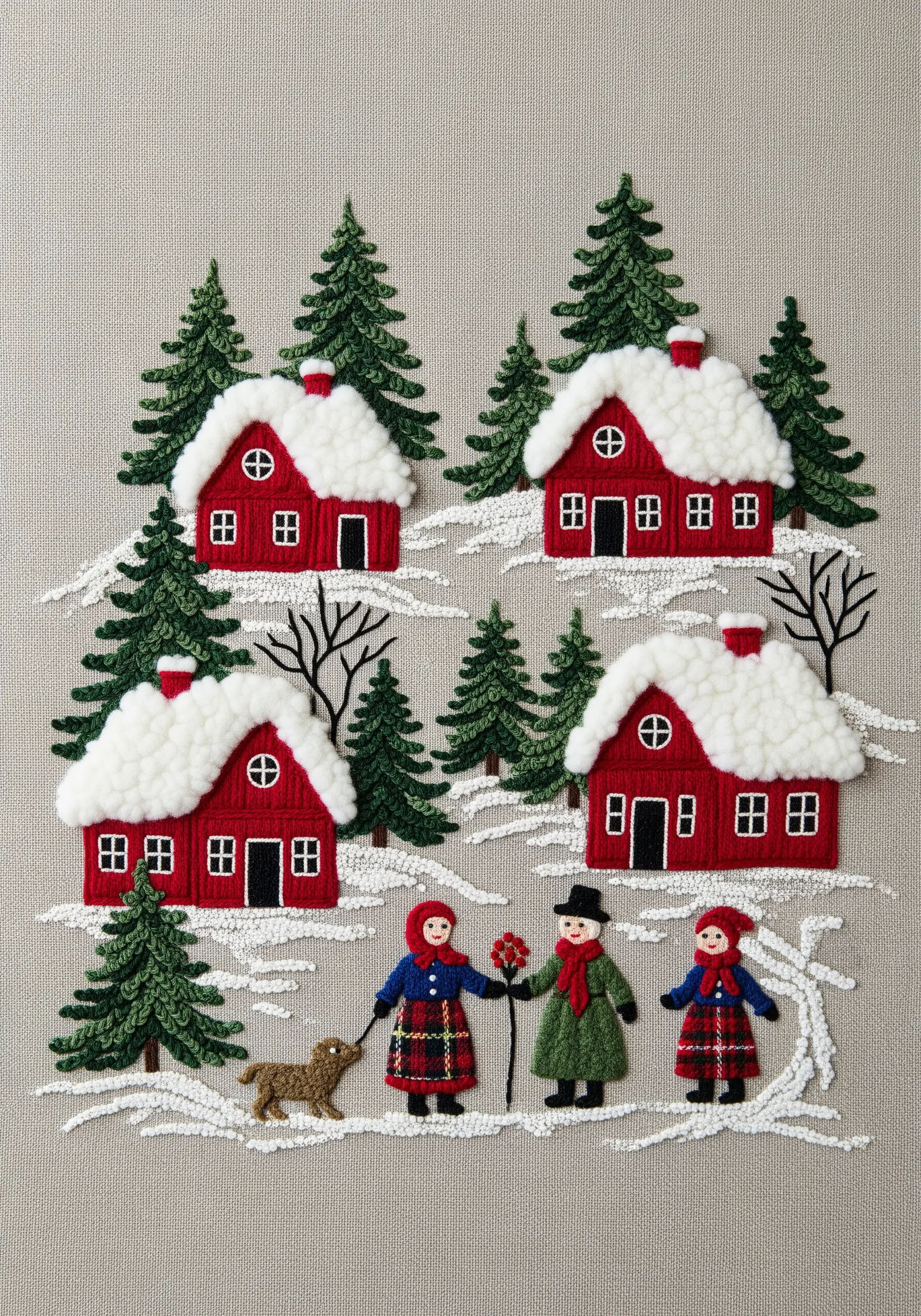 A winter scene embroidery with punch needle snow on red houses and appliquéd figures.