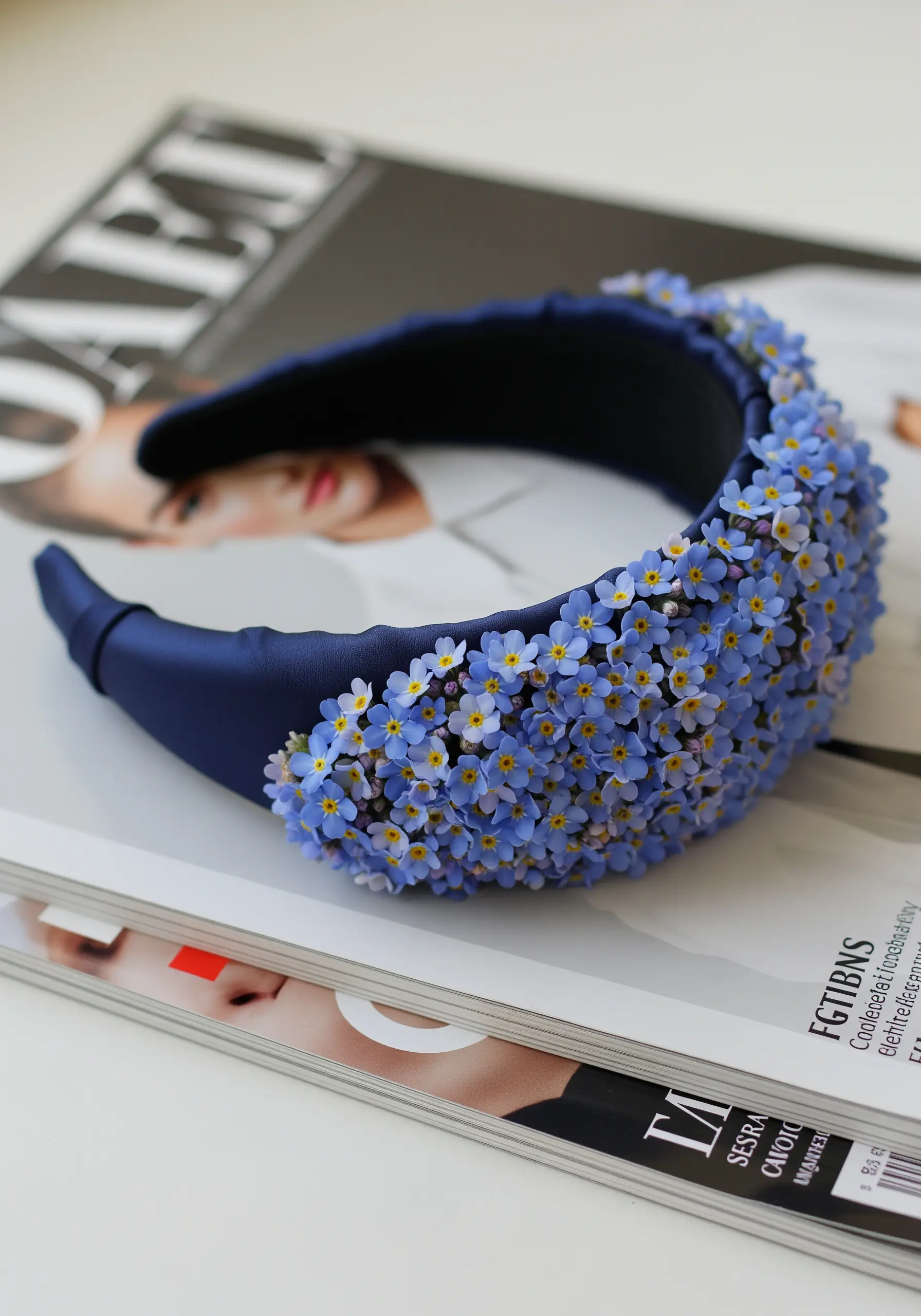 Dense blue forget-me-not embroidery on navy headband