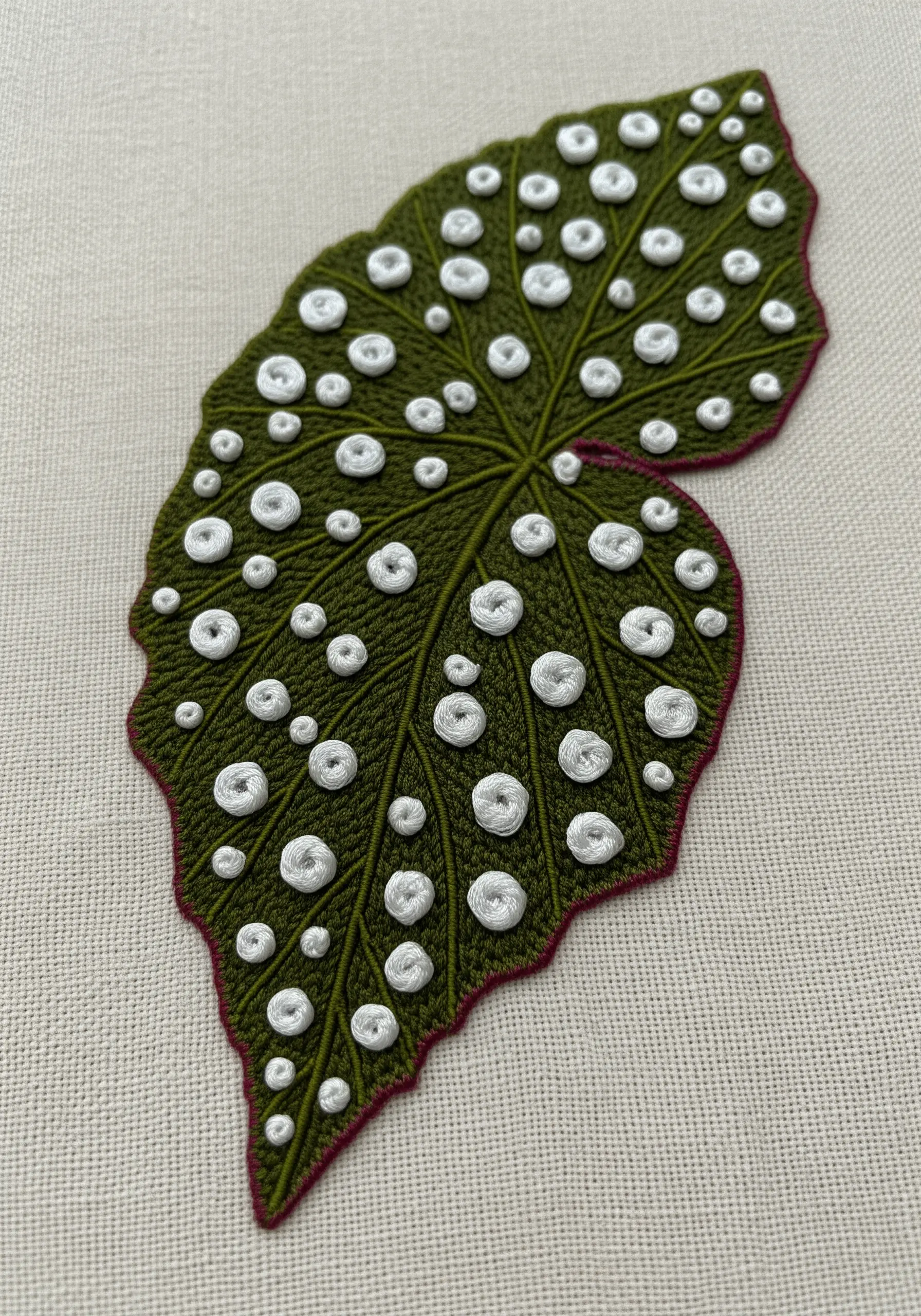 Embroidered Begonia Maculata leaf with raised white satin stitch polka dots.