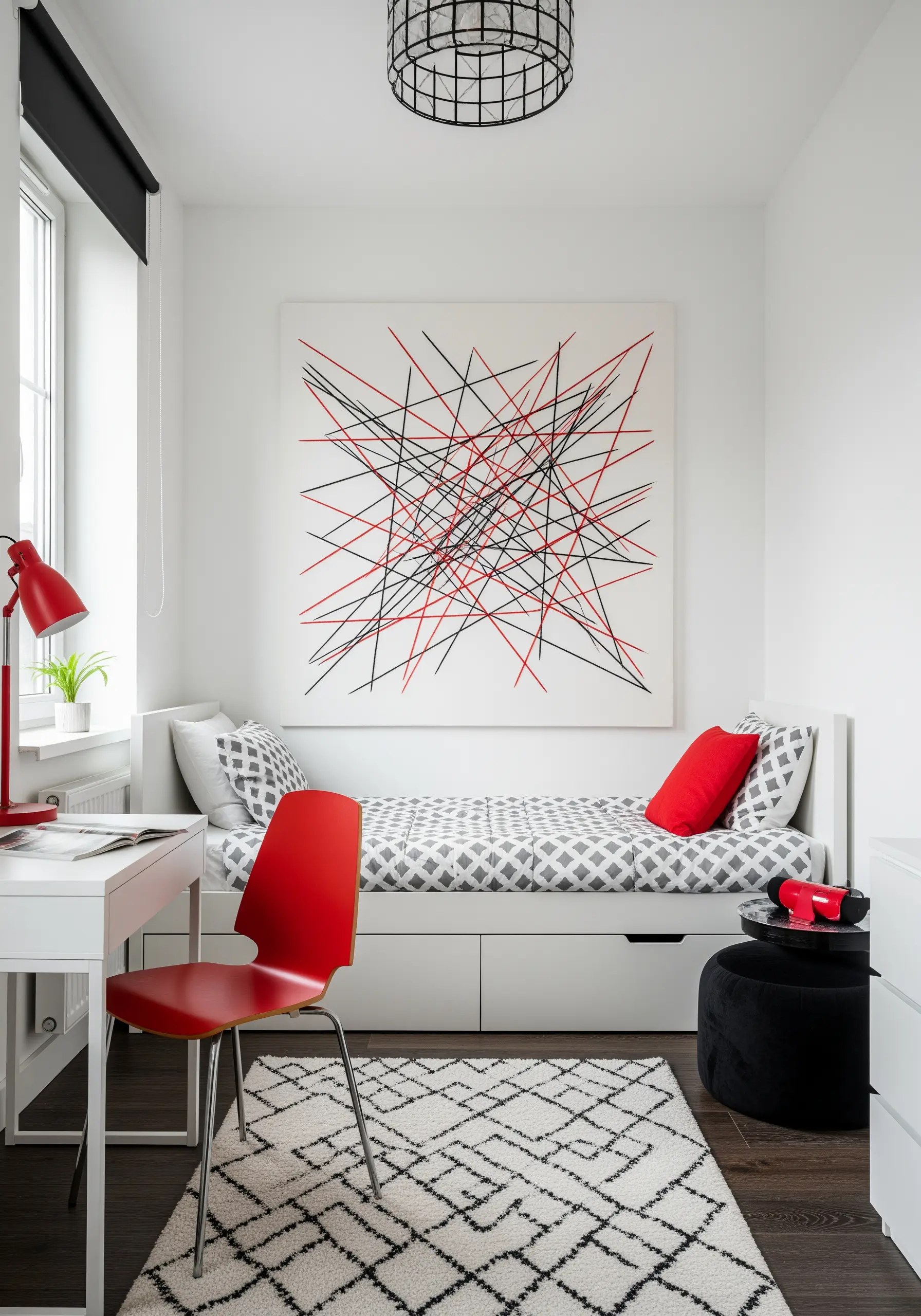 A large white canvas with abstract intersecting lines of red and black thread.
