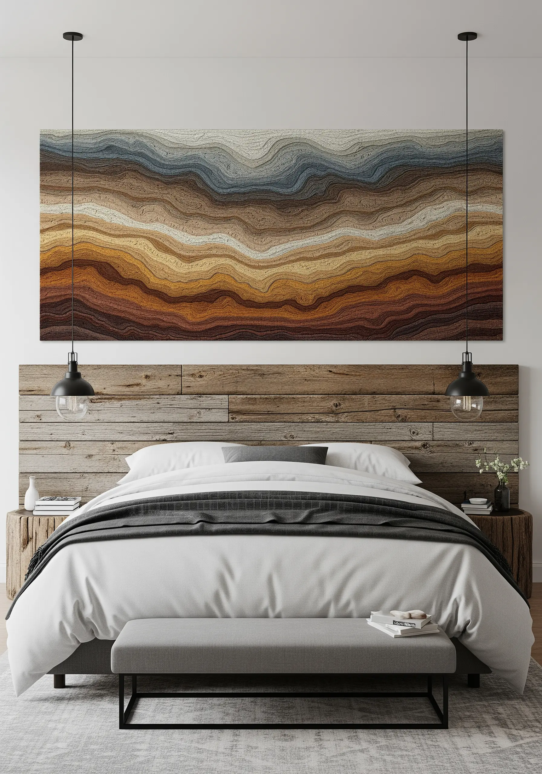 A large, wide abstract embroidery with layered, wavy lines in earthy tones, hung above a bed.